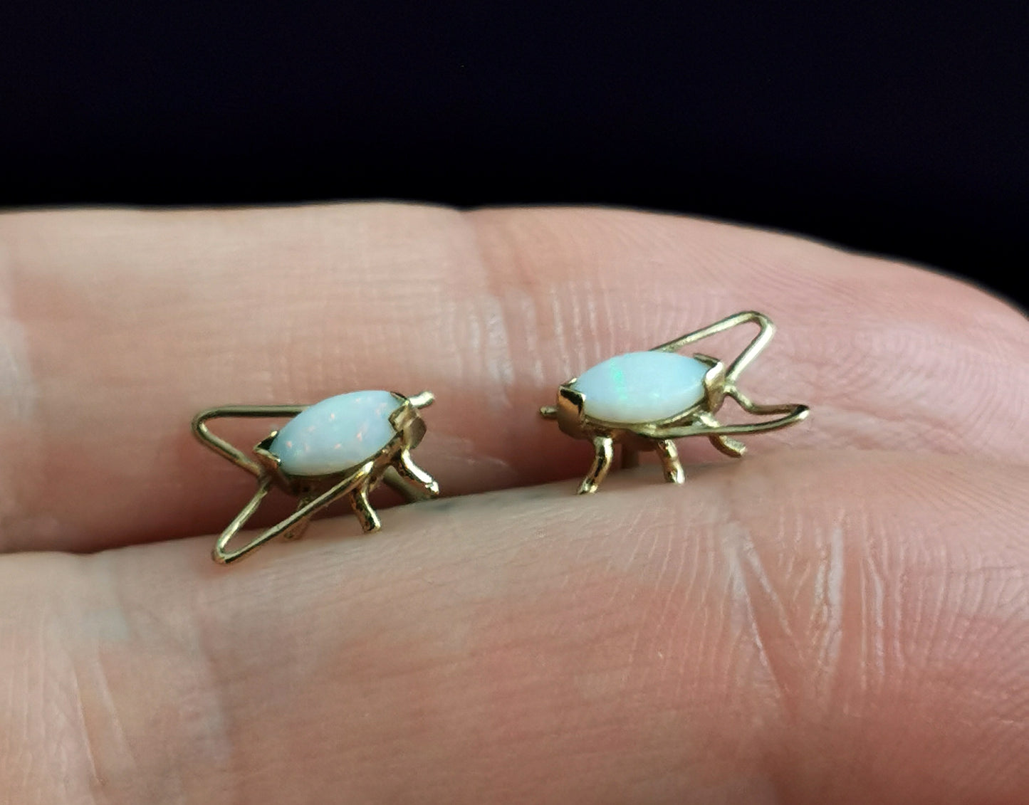 Vintage 9ct gold opal fly earrings, studs