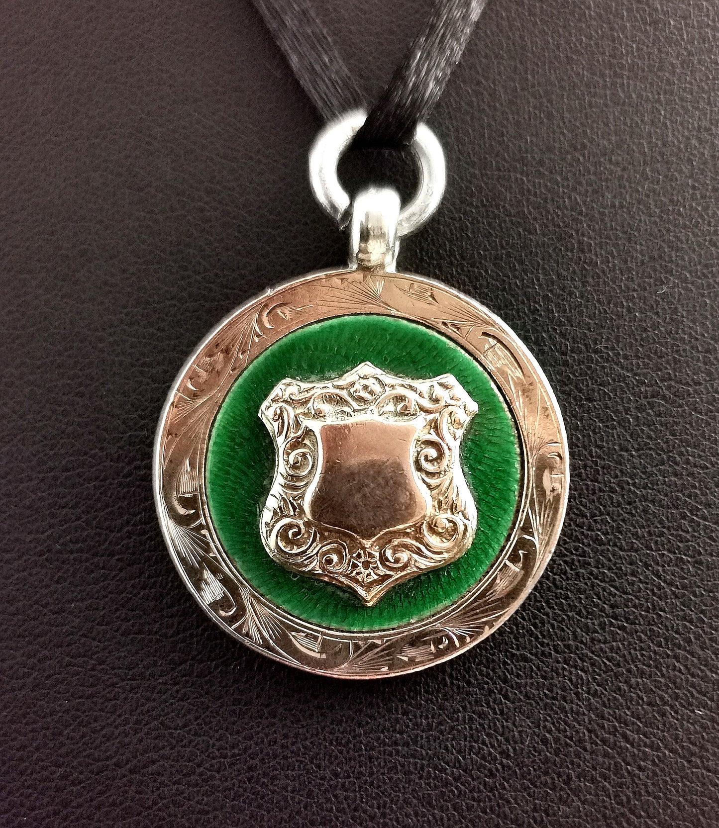 Art Deco silver, 9ct Rose gold and guilloche enamel fob pendant