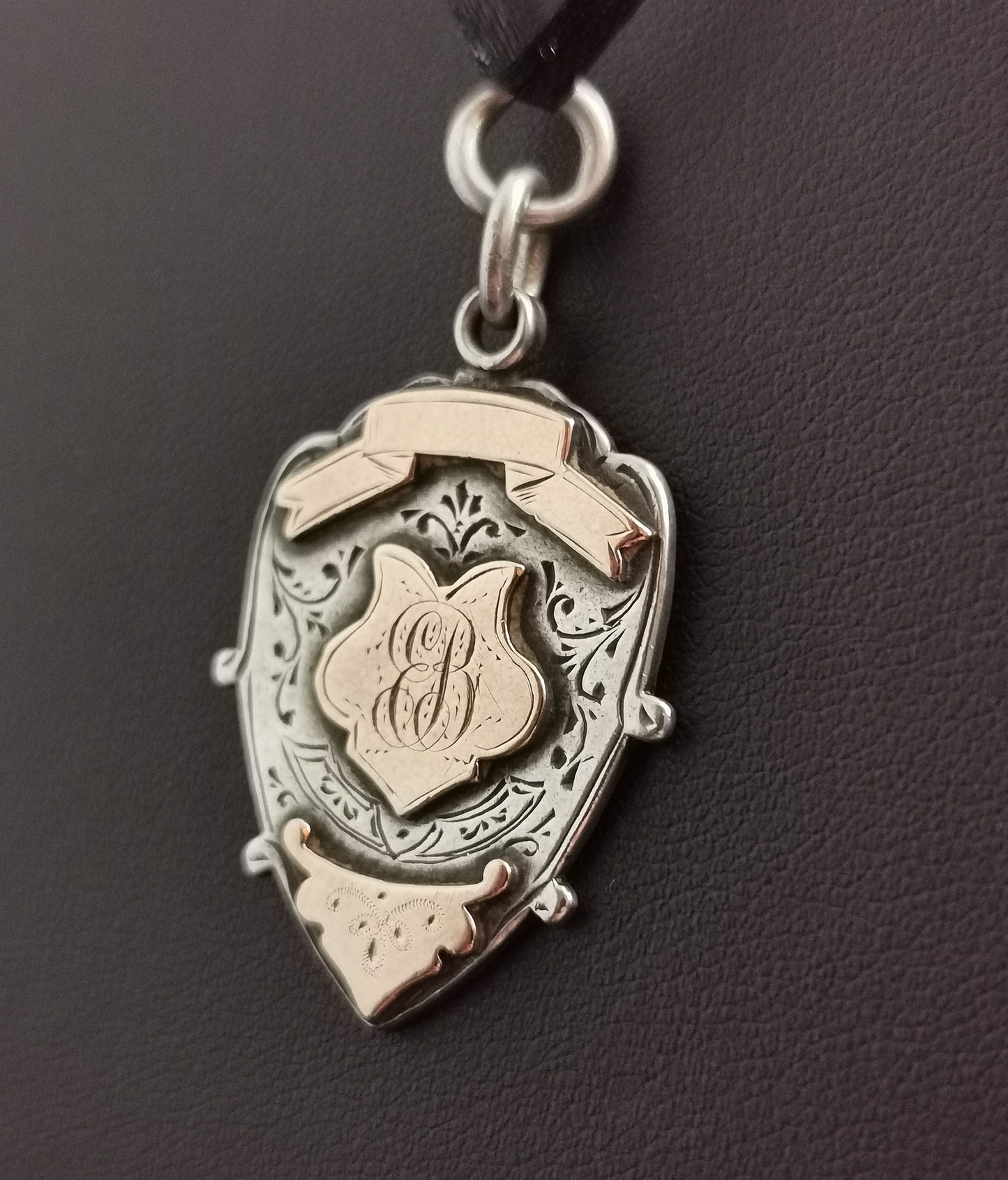Antique Sterling silver and Rose gold shield fob, pendant
