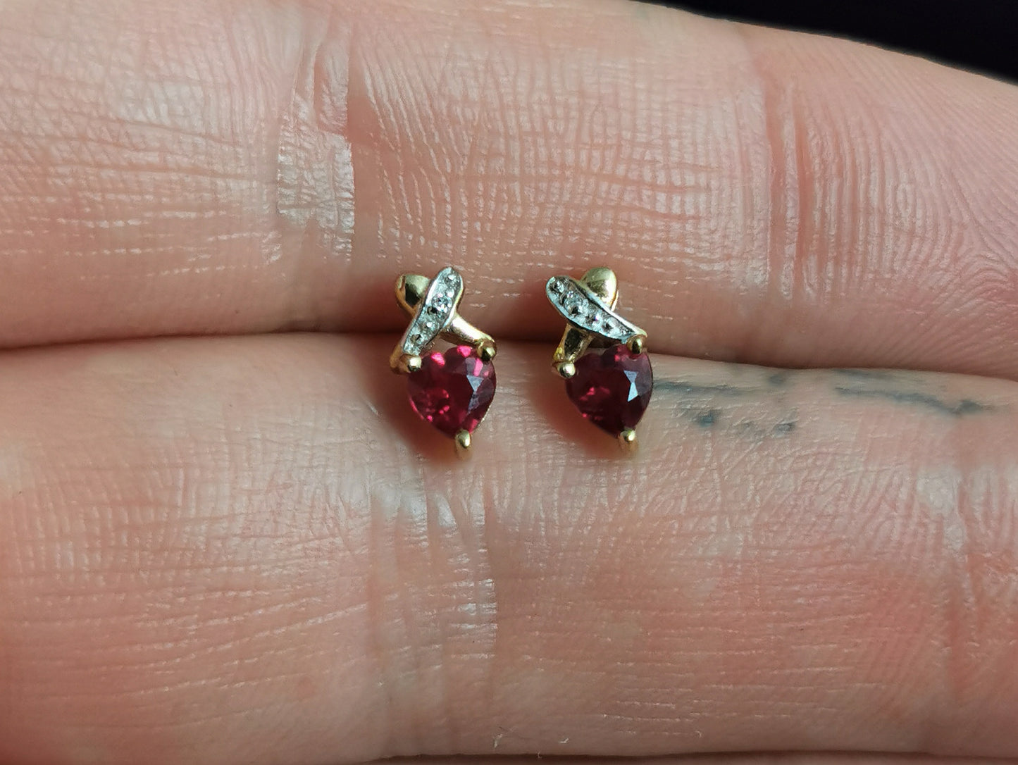 Vintage Synthetic Ruby and Diamond Heart earrings, studs, 9ct gold