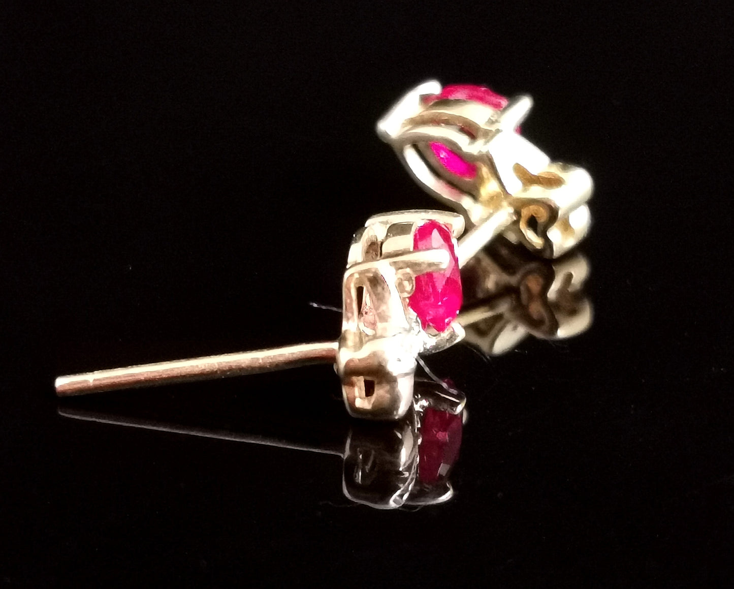 Vintage Synthetic Ruby and Diamond Heart earrings, studs, 9ct gold