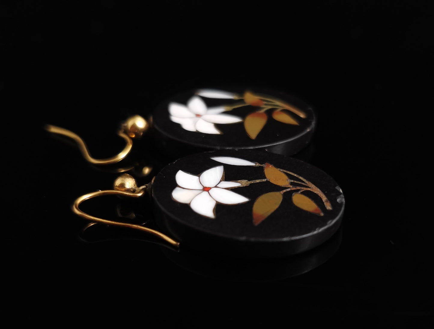 Antique Victorian Pietra Dura dangly earrings, 9ct gold