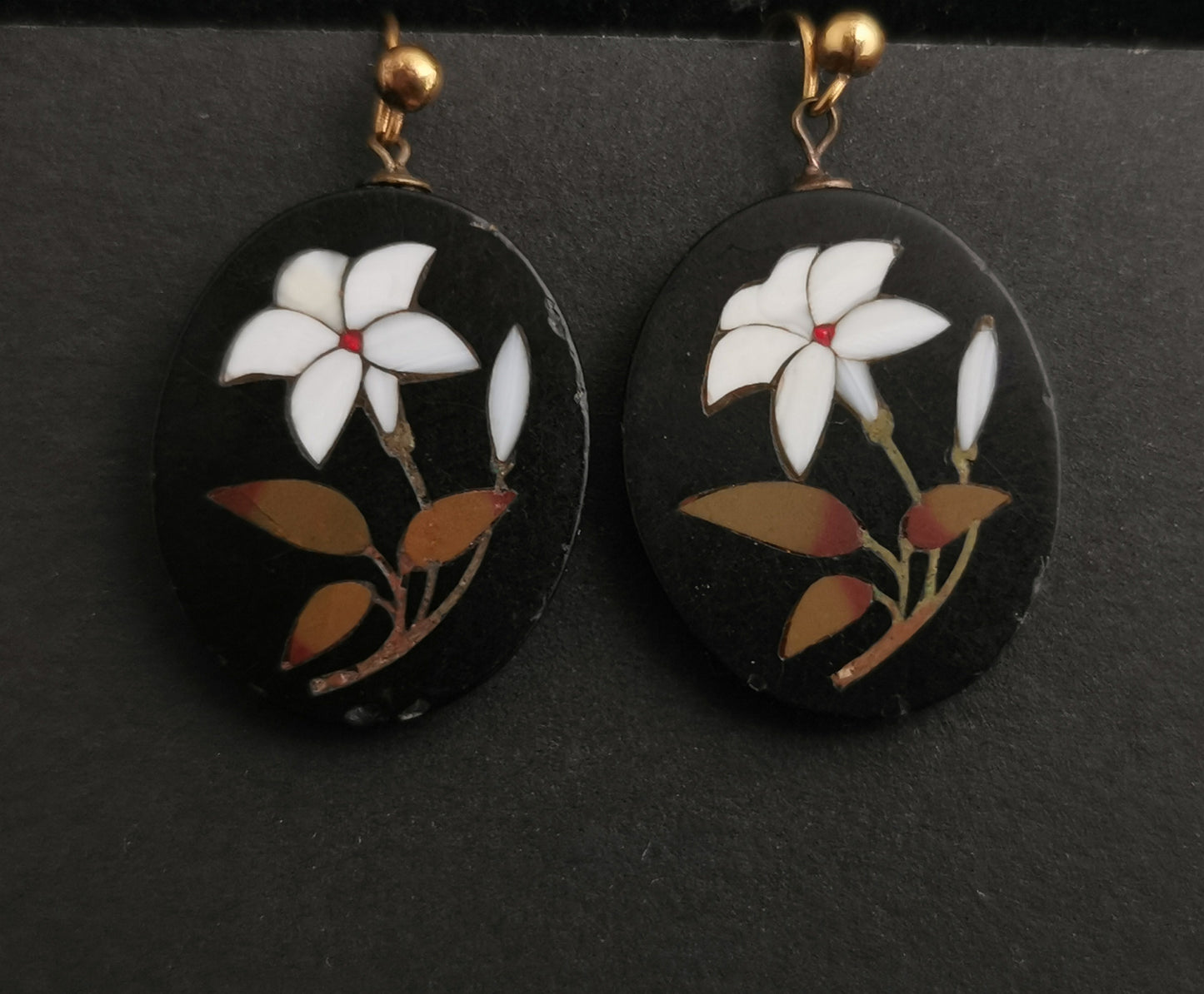 Antique Victorian Pietra Dura dangly earrings, 9ct gold