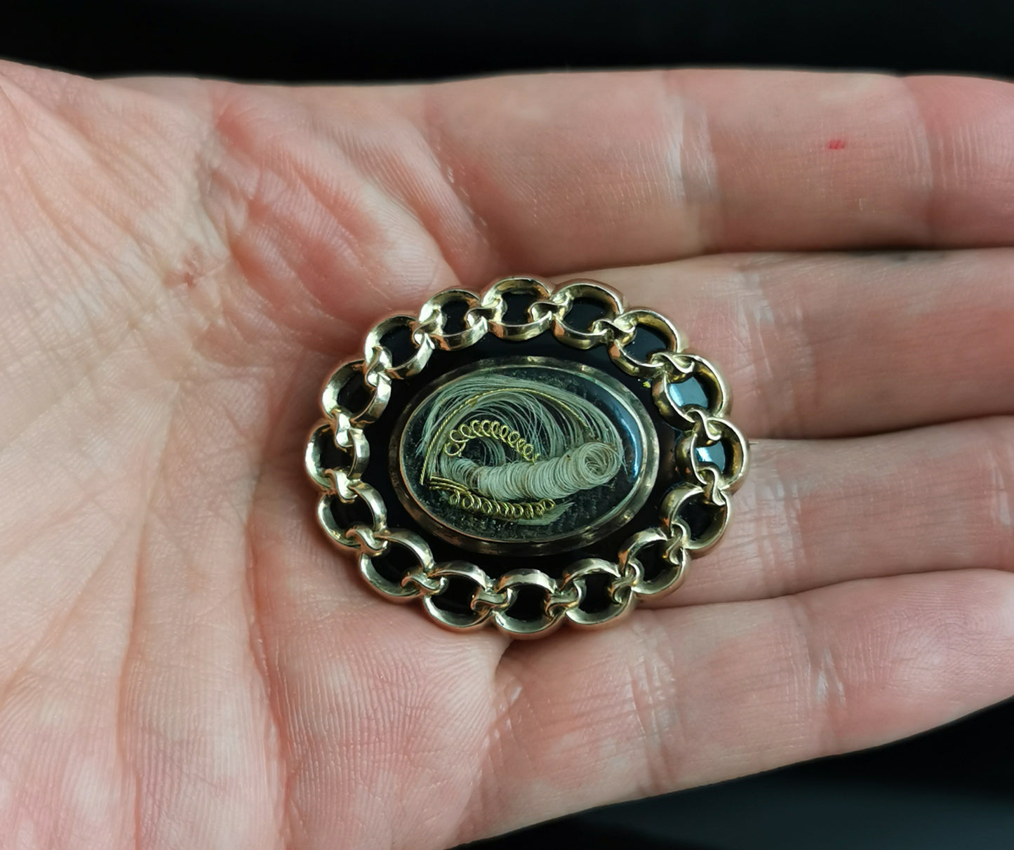 Antique Victorian mourning pendant brooch, 9ct gold, onyx and hairwork