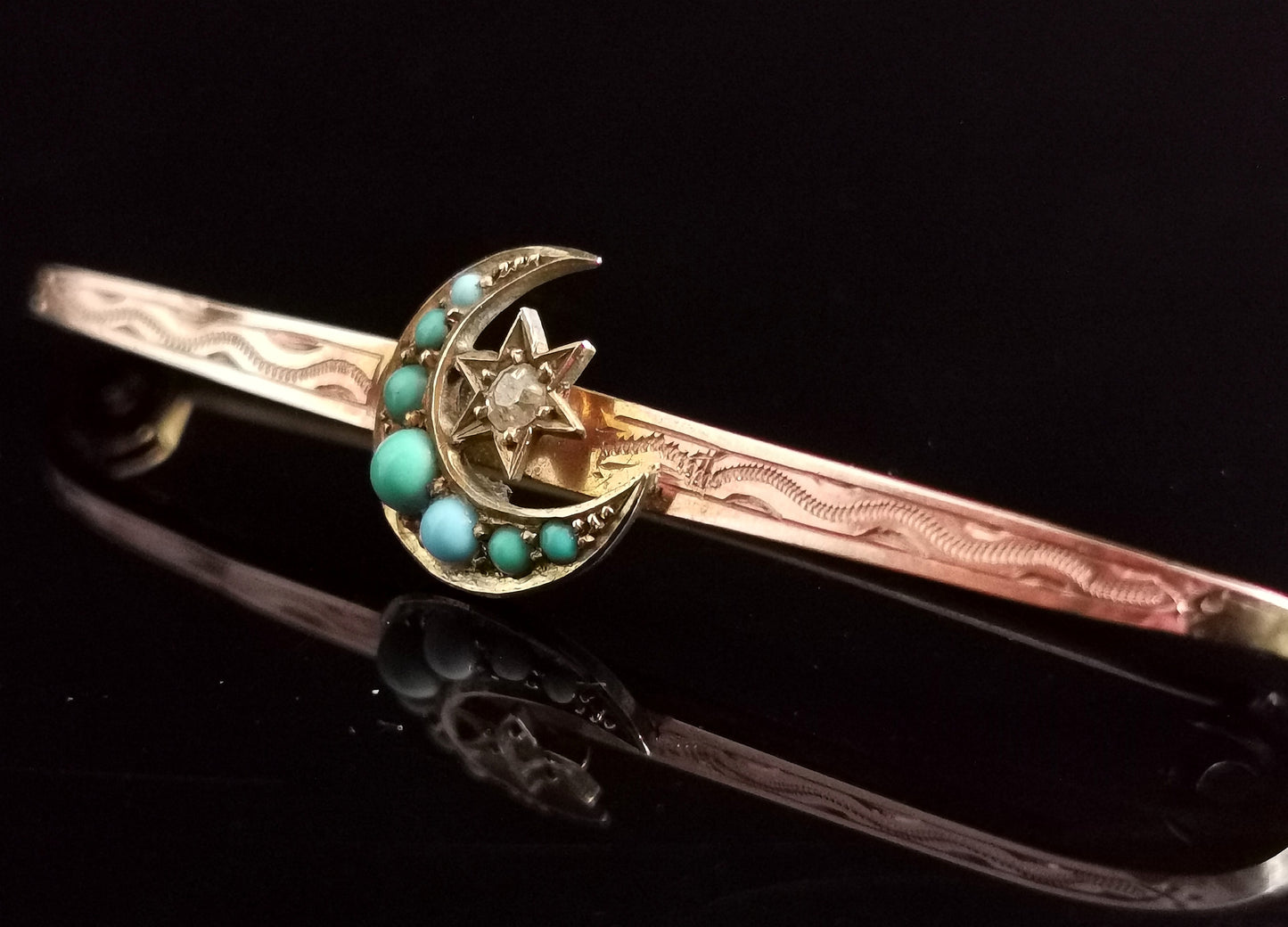 Antique Turquoise and Diamond crescent and star brooch, 9ct Rose gold