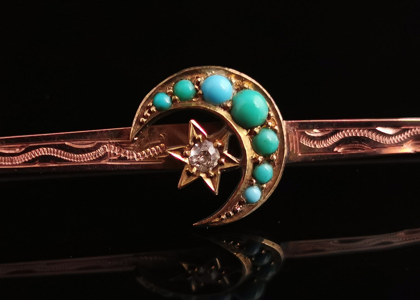 Antique Turquoise and Diamond crescent and star brooch, 9ct Rose gold