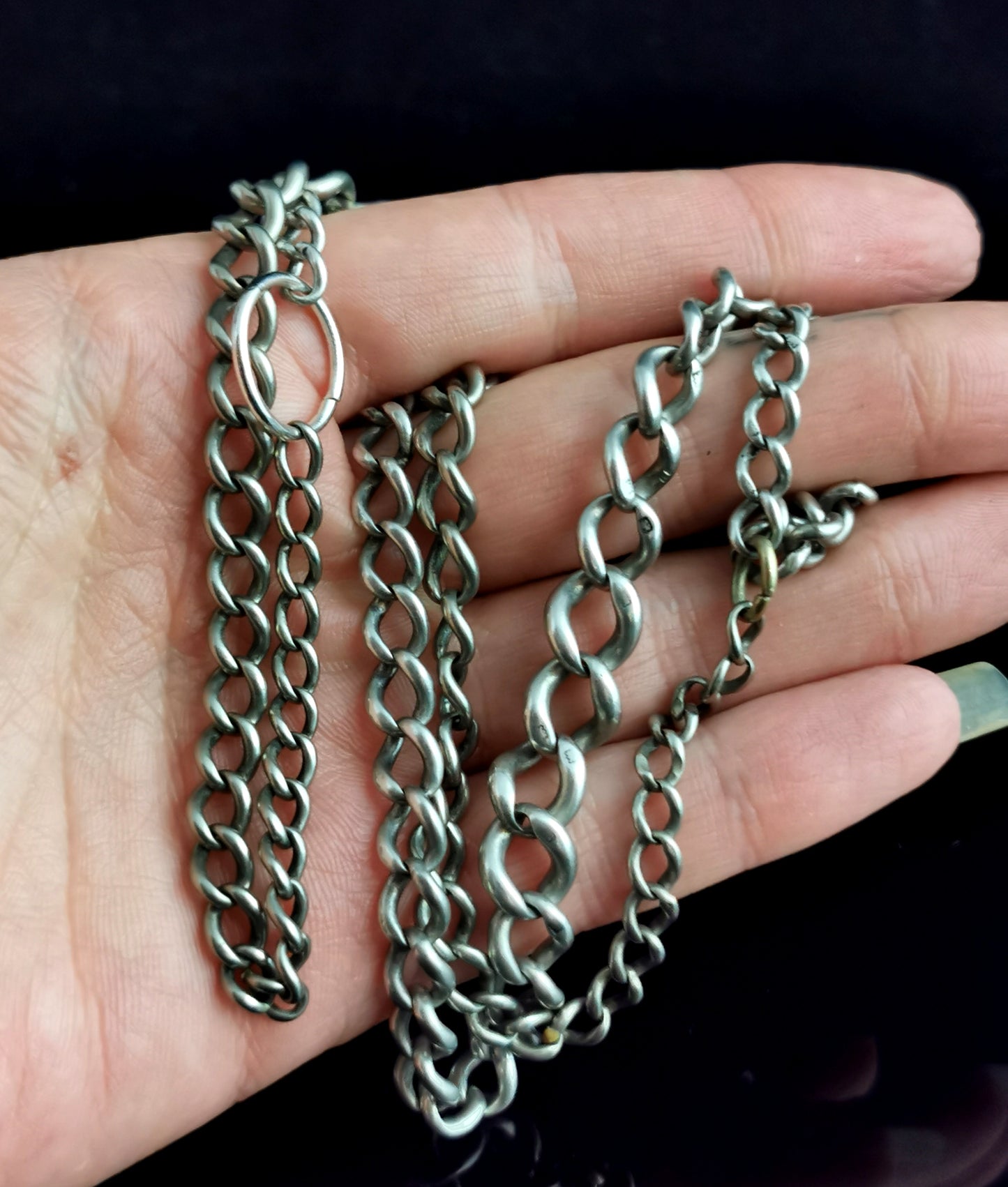 Antique silver curb link long chain necklace