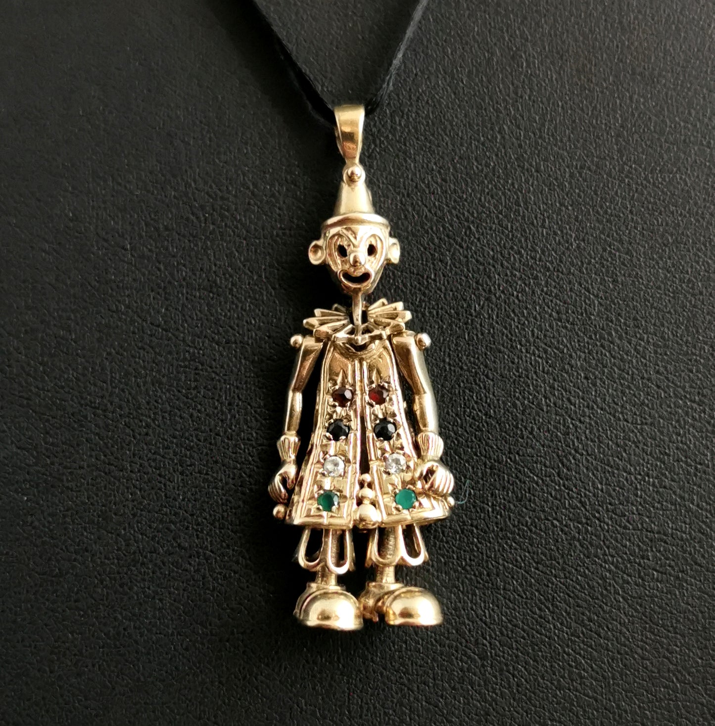 Vintage 9k yellow gold clown pendant, Articulated, Gemstone, 1990s