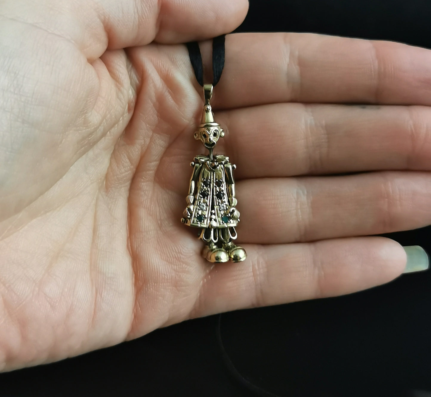 Vintage 9k yellow gold clown pendant, Articulated, Gemstone, 1990s