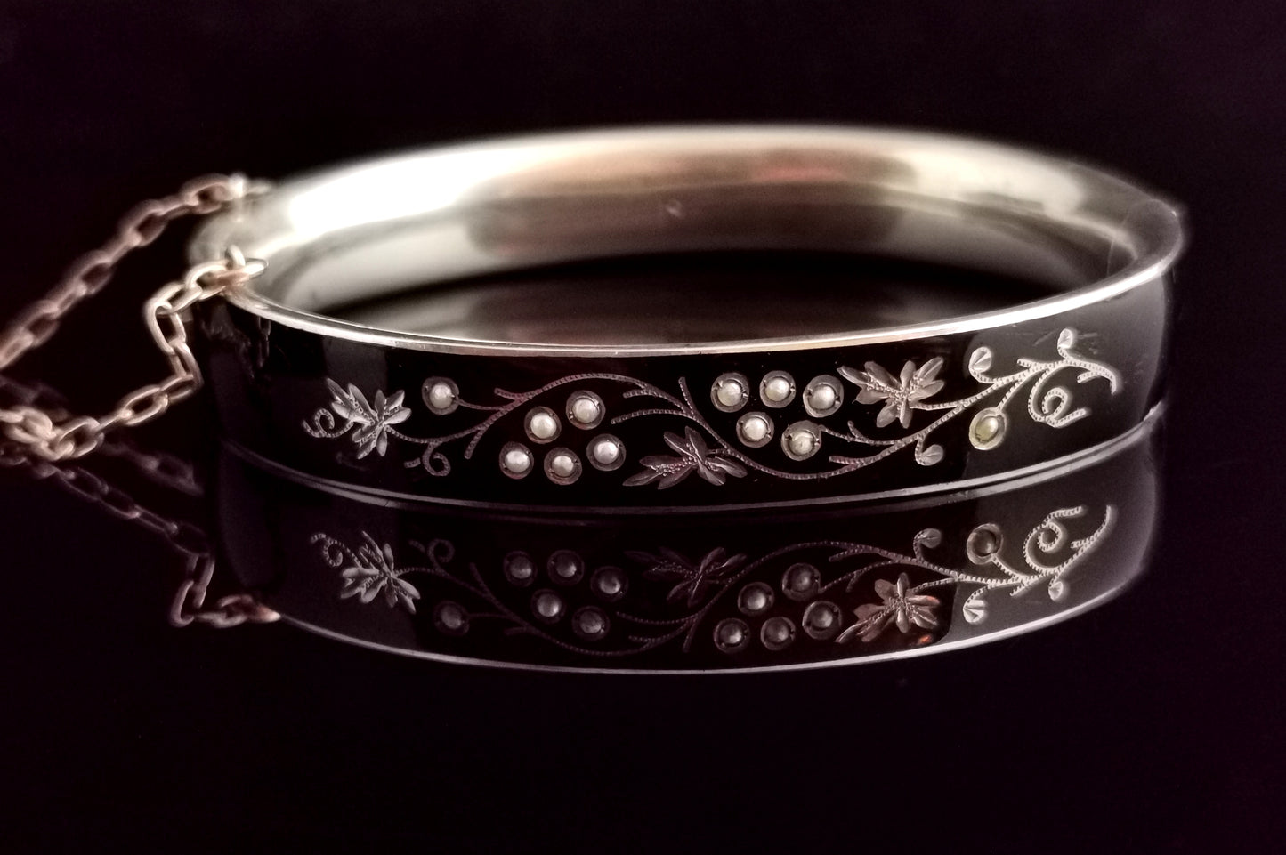 Antique Victorian mourning bangle, Silver and enamel, seed pearl