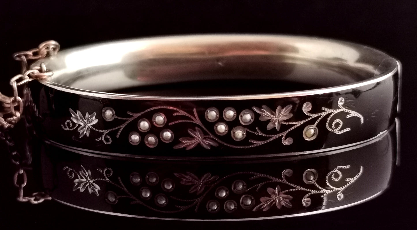 Antique Victorian mourning bangle, Silver and enamel, seed pearl