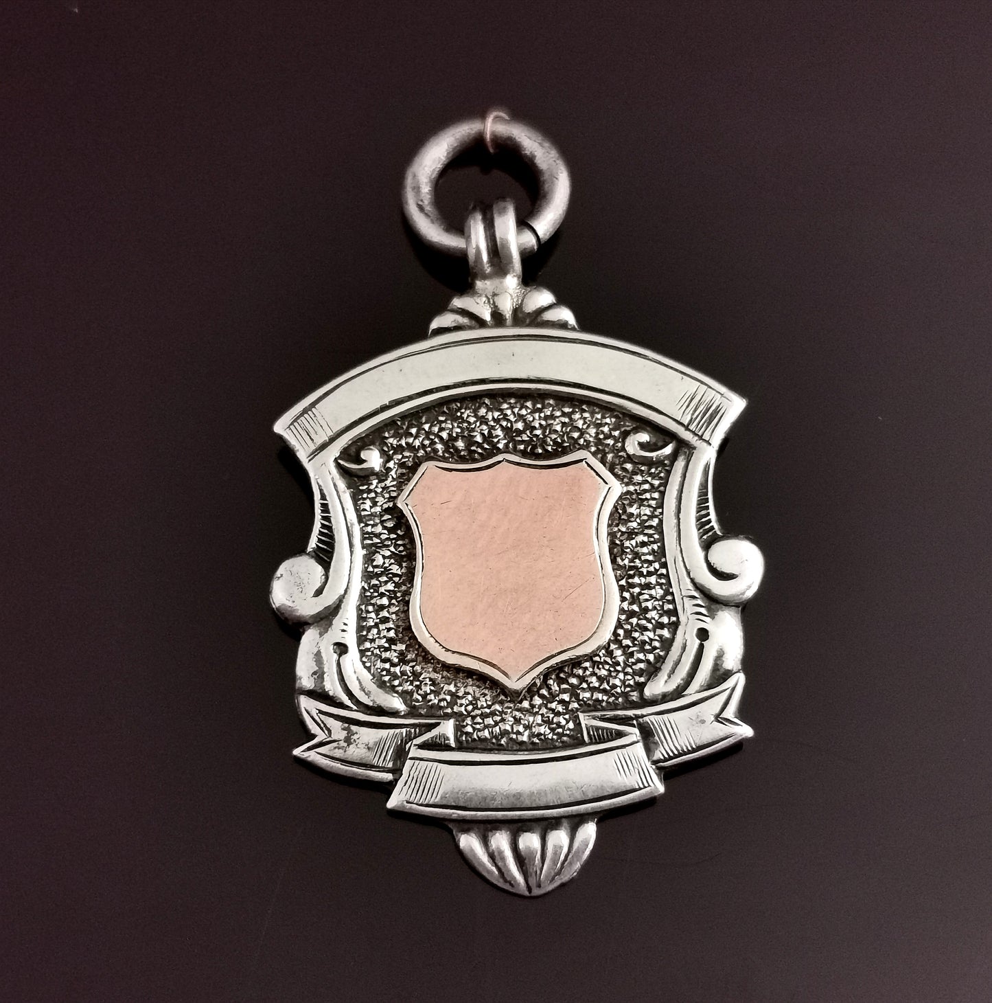 Vintage Art Deco silver and Rose gold shield fob pendant, watch fob