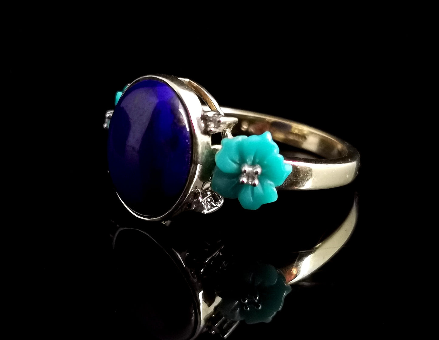 Lapis Lazuli, Diamond and Turquoise flower ring, 9ct yellow gold