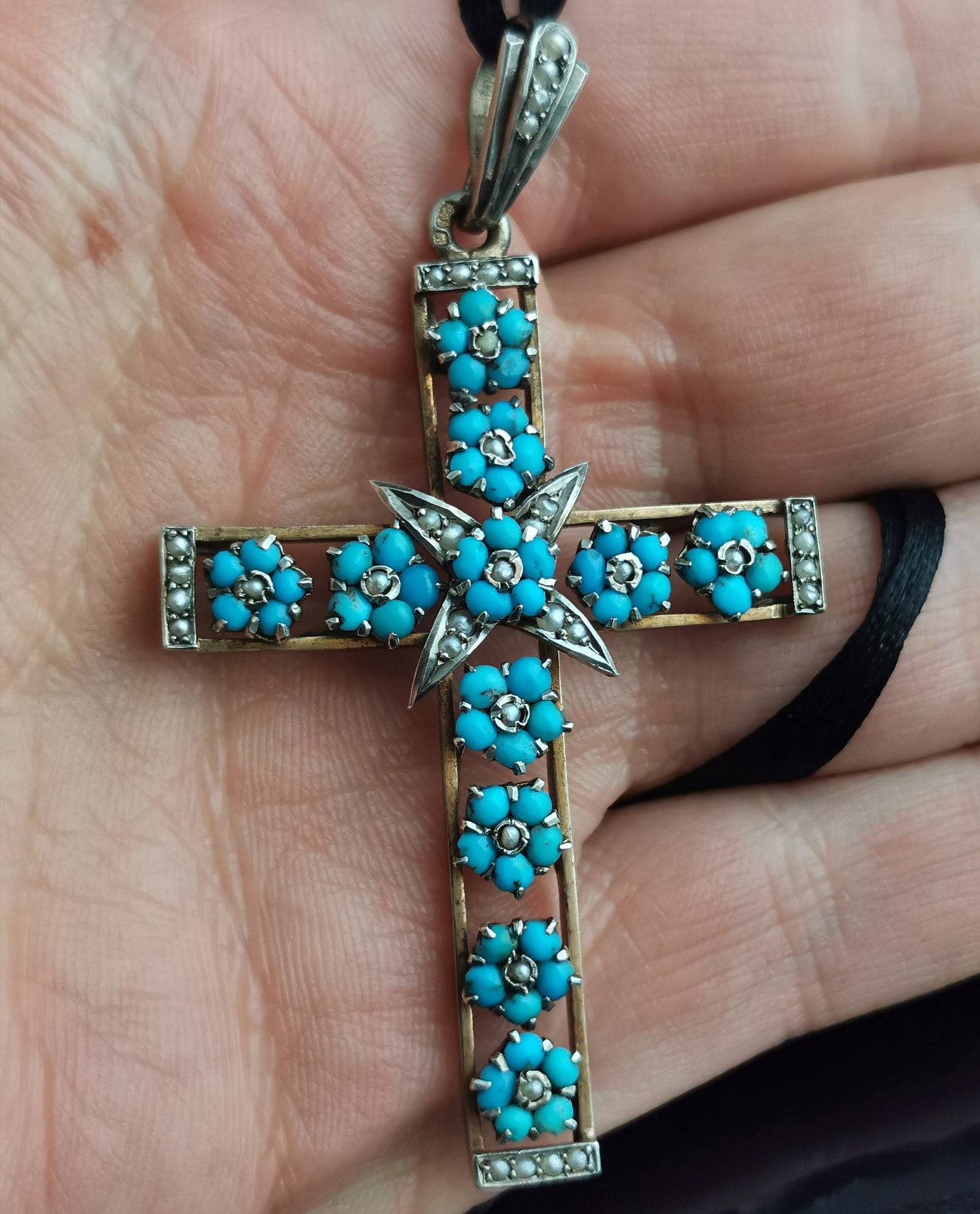 Antique Austro Hungarian Cross pendant, Turquoise, Silver and seed pearl