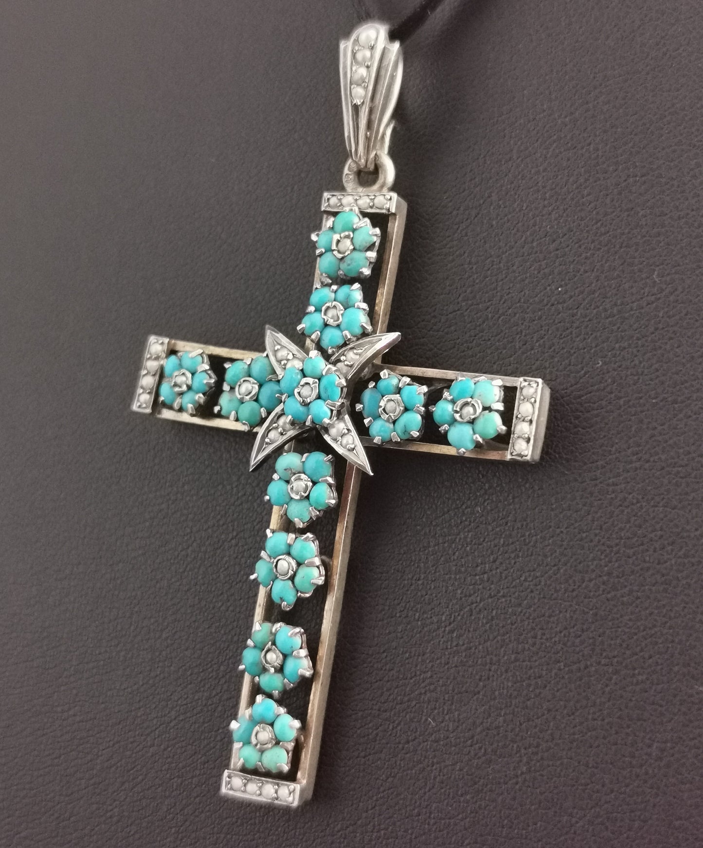 Antique Austro Hungarian Cross pendant, Turquoise, Silver and seed pearl