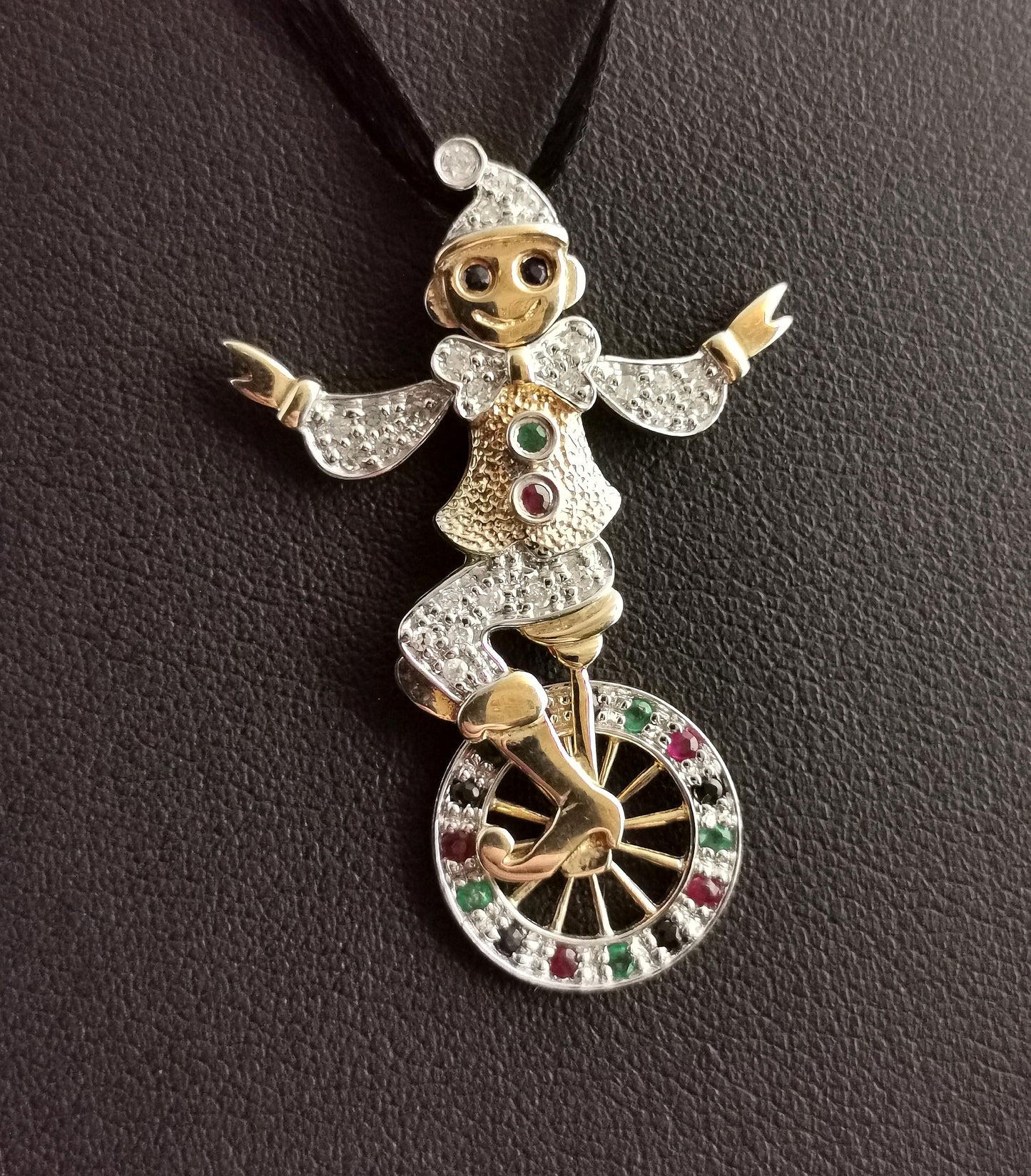 Vintage Gemstone Clown and Unicycle pendant, 9ct gold, Diamond, Emerald, Ruby and Sapphire