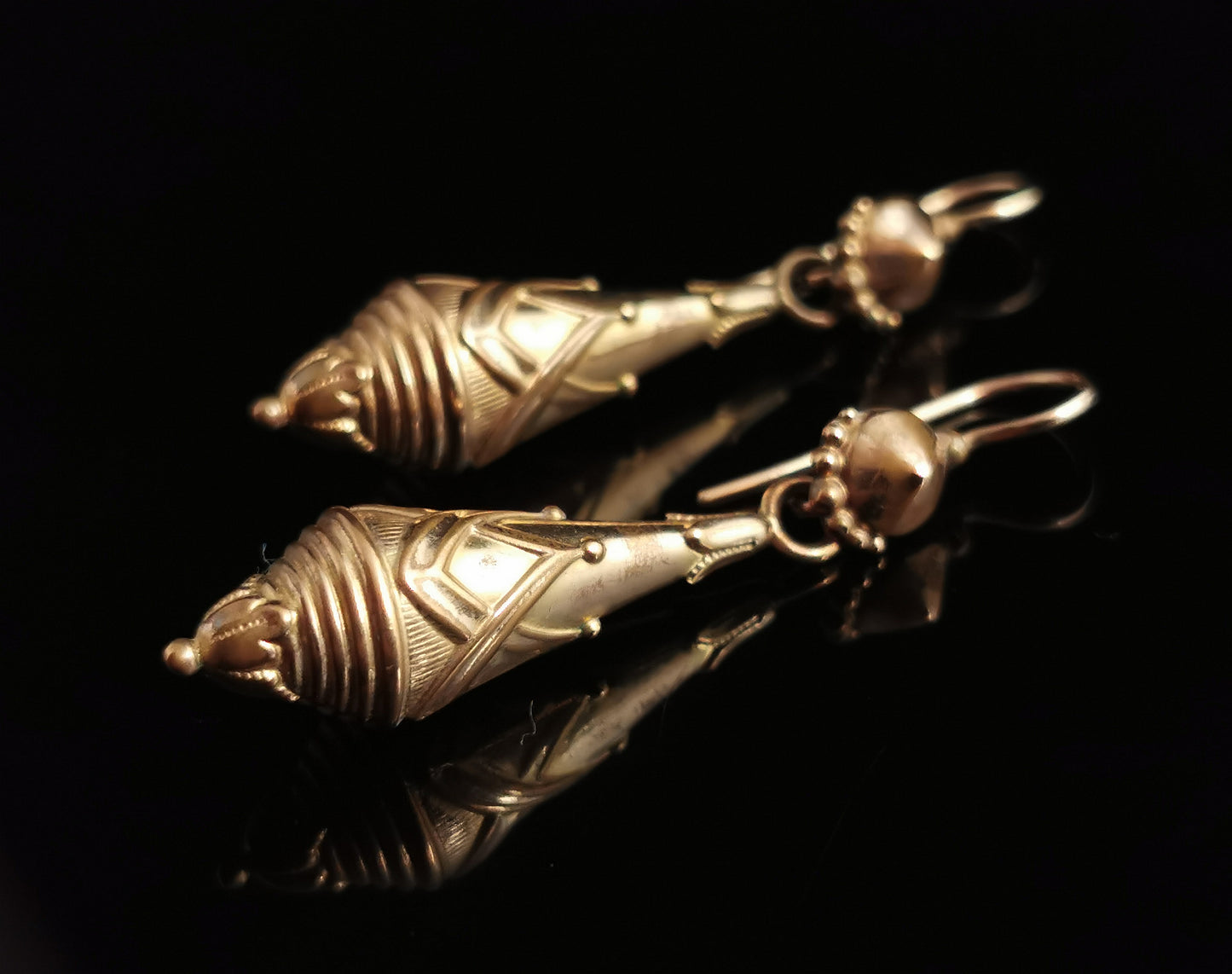 Victorian drop earrings, Etruscan revival, gold plated
