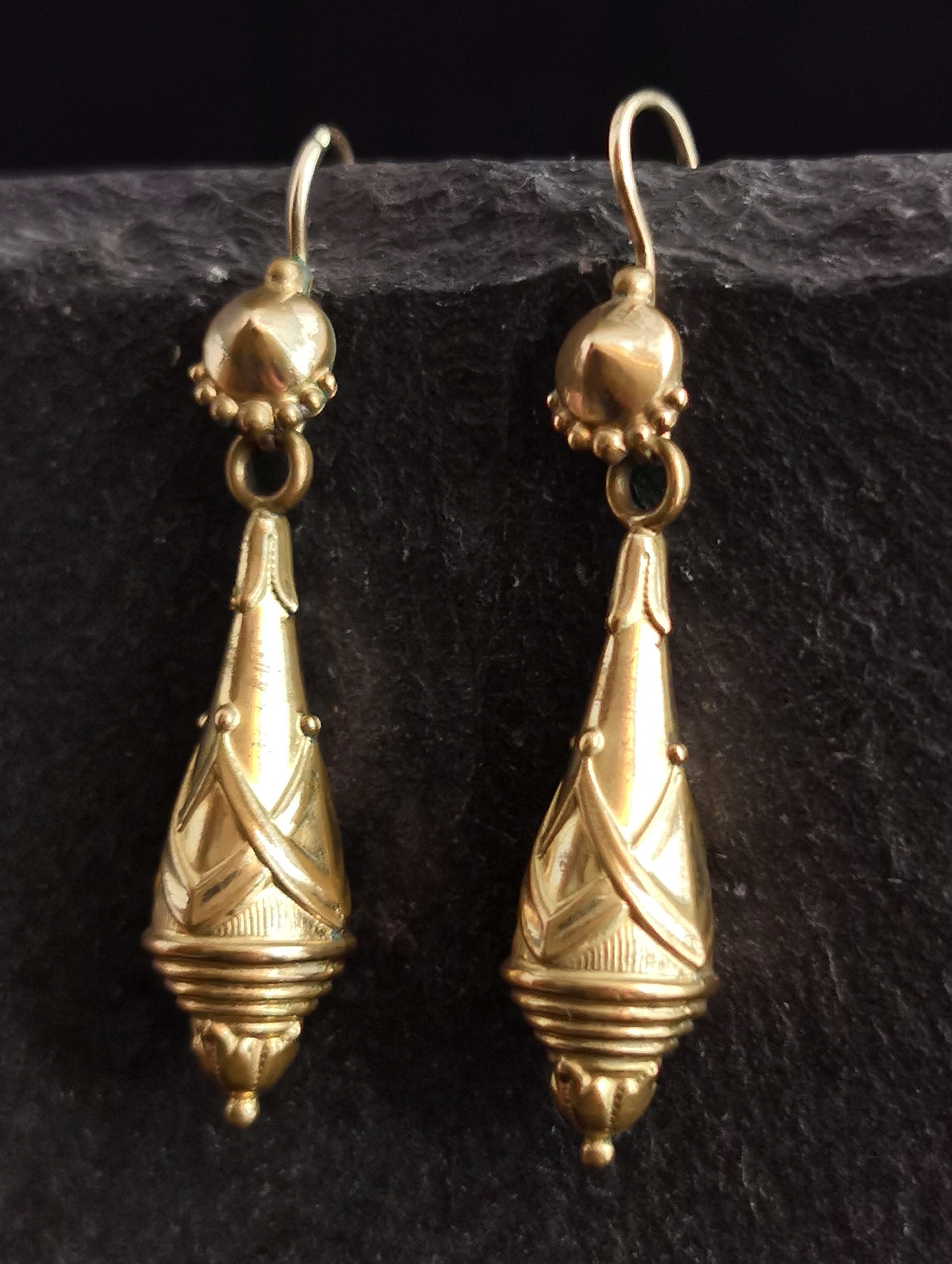 Victorian drop earrings, Etruscan revival, gold plated