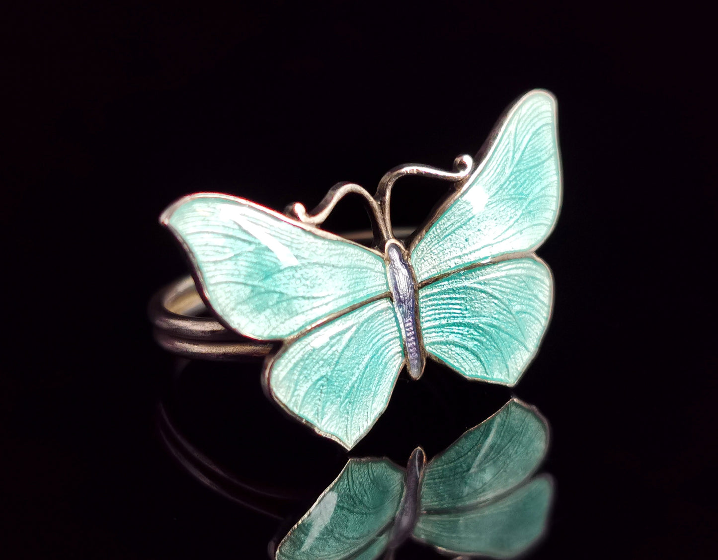 Antique Art Deco Silver and Guilloche enamel Butterfly ring