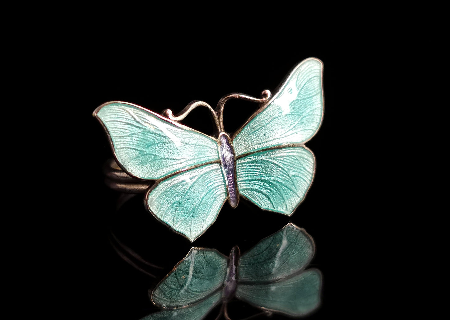Antique Art Deco Silver and Guilloche enamel Butterfly ring