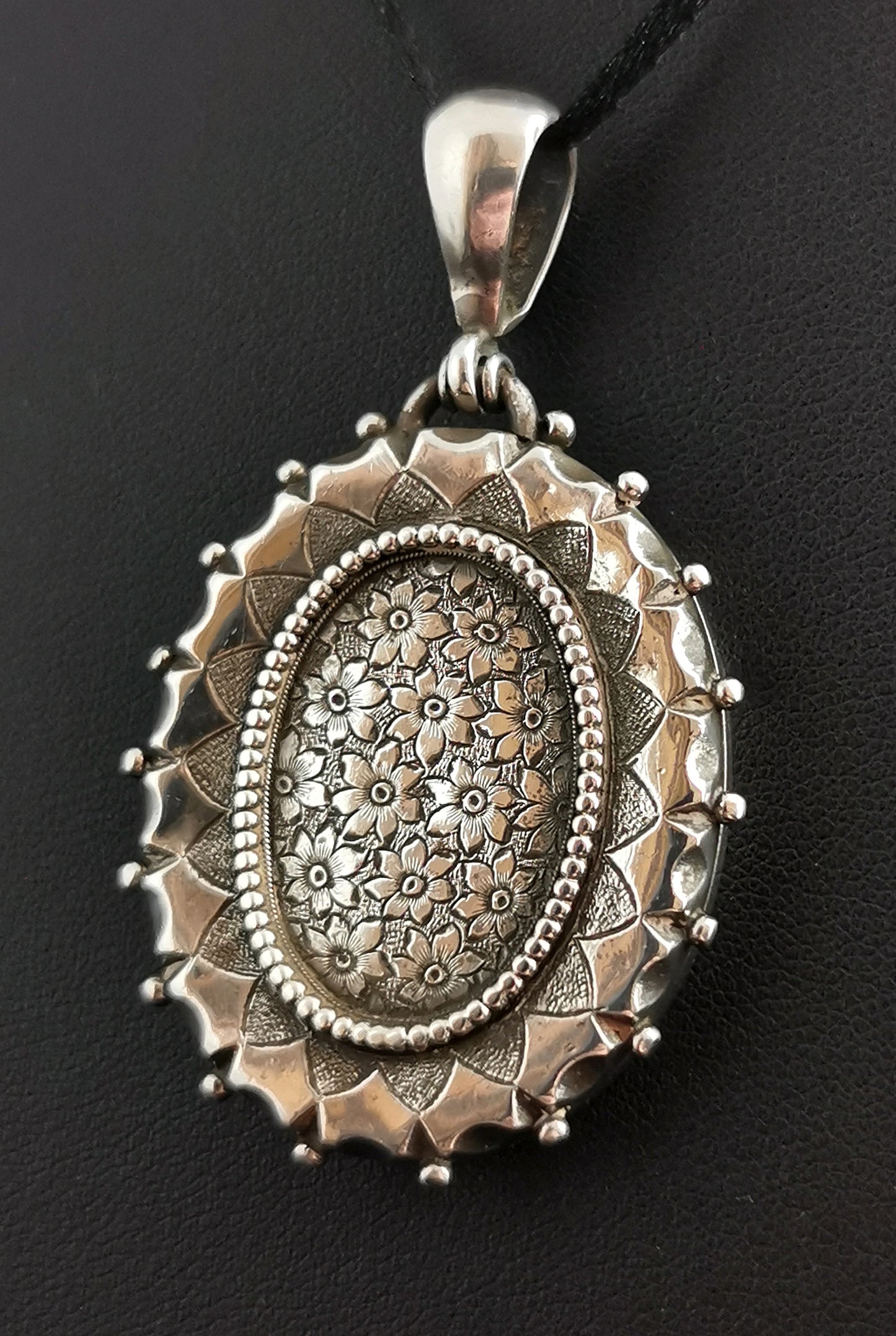 Antique Victorian silver locket pendant, Forget me not flowers