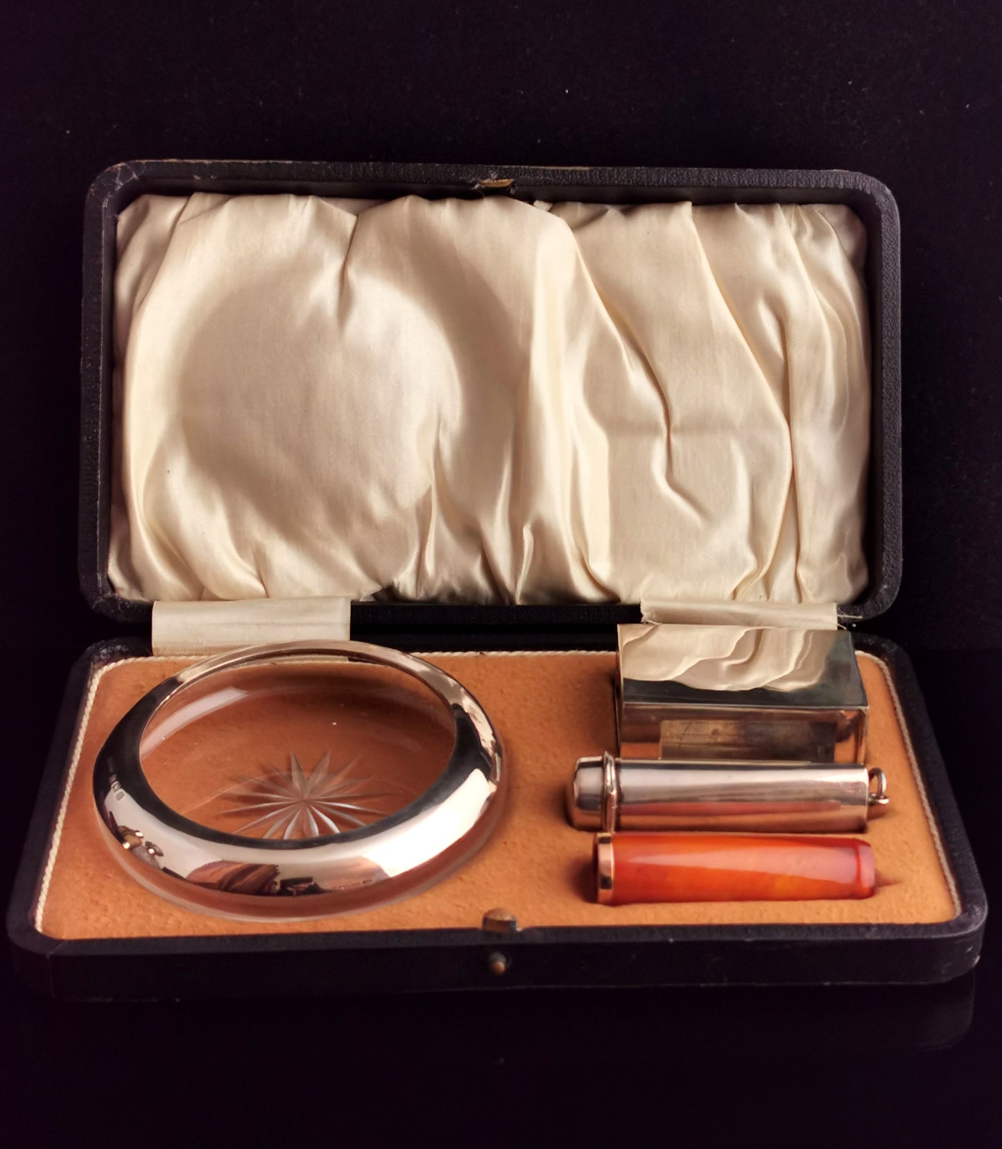 Antique cigar smokers set, silver, Amber, 9ct gold