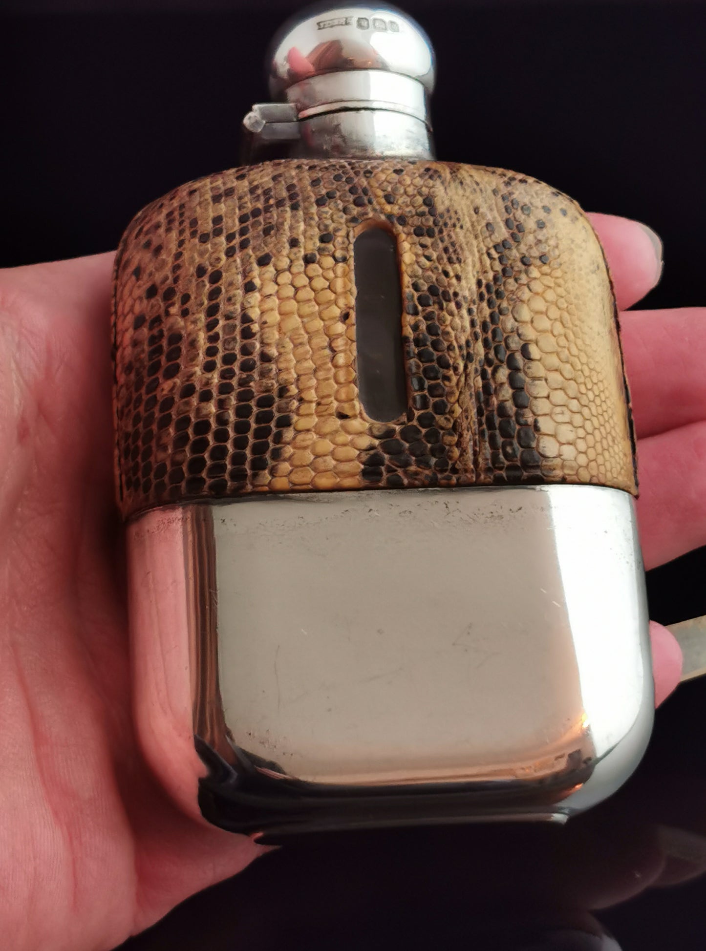 Antique silver and faux snakeskin hip flask, Victorian