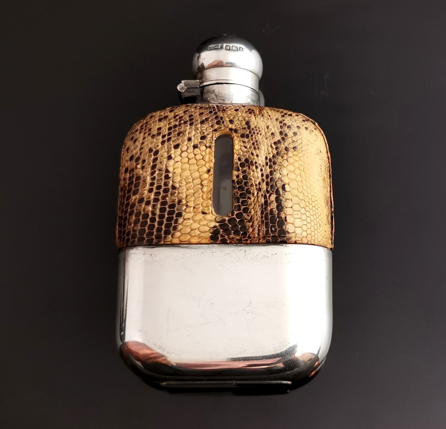Antique silver and faux snakeskin hip flask, Victorian