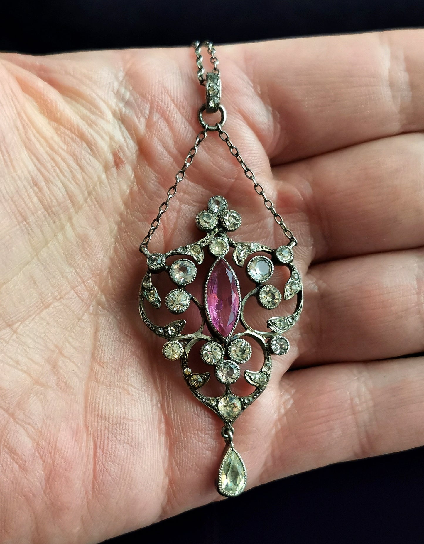 Antique Belle Epoque paste drop pendant necklace, sterling silver