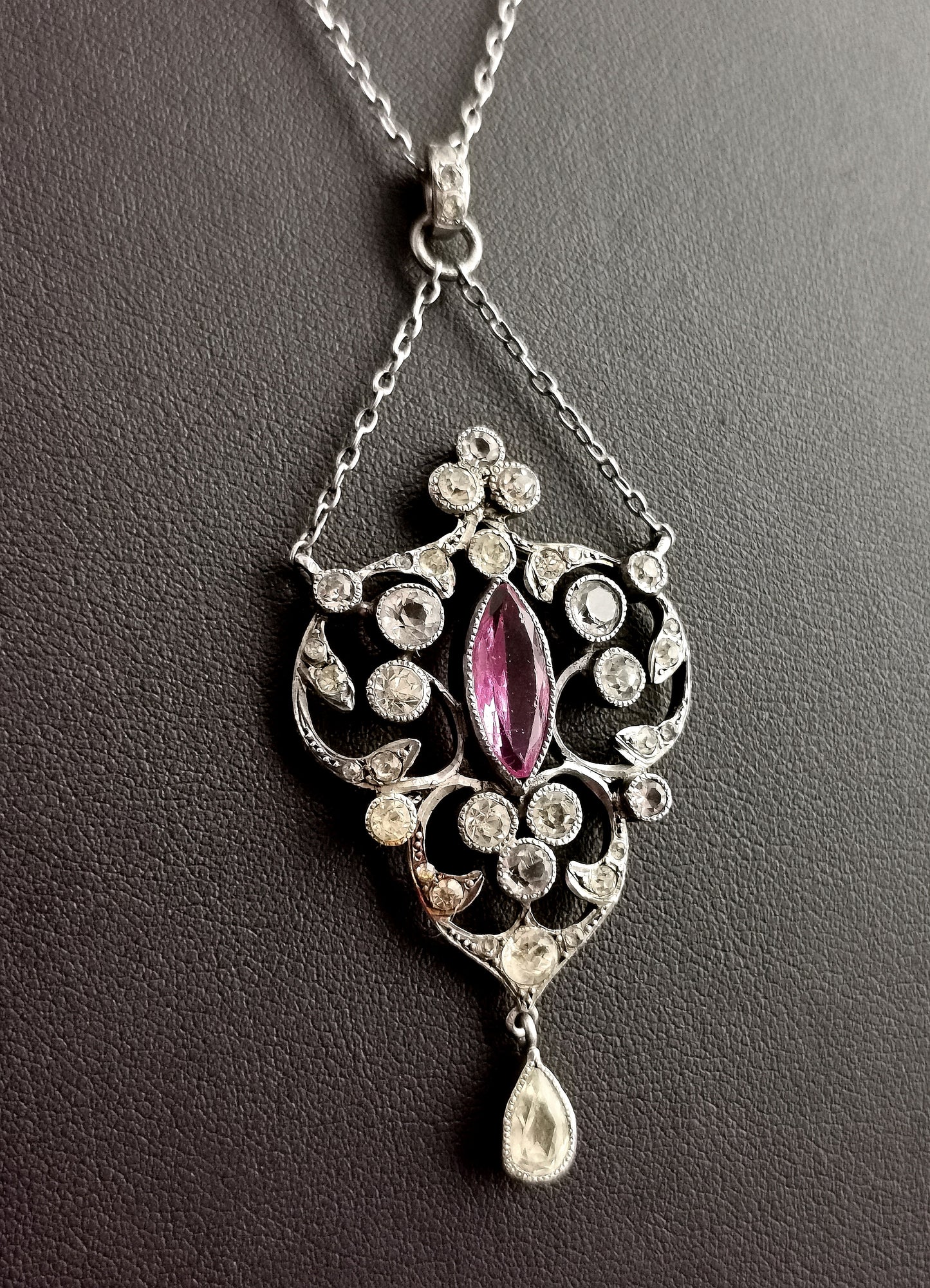 Antique Belle Epoque paste drop pendant necklace, sterling silver