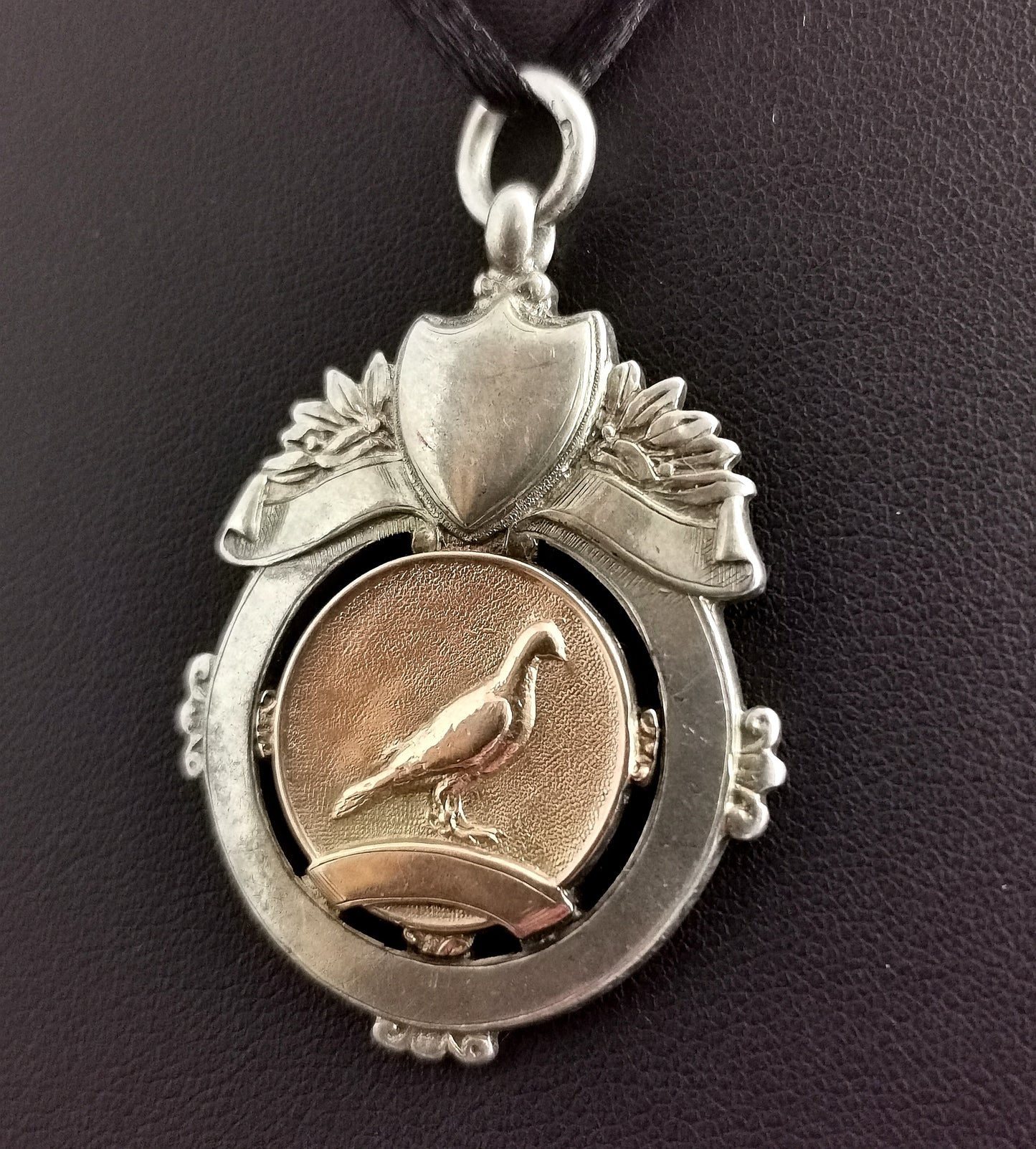 Vintage Art Deco silver and Rose gold fob pendant, Pigeon