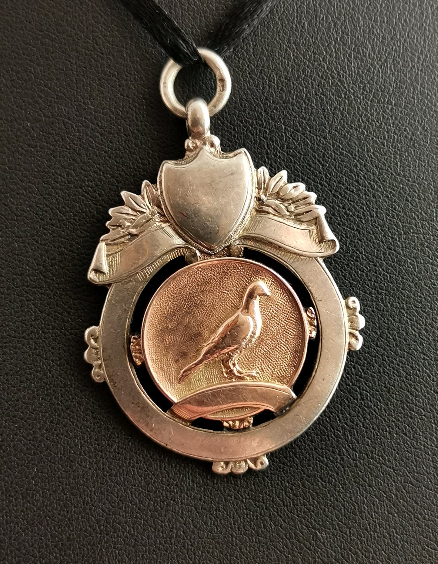 Vintage Art Deco silver and Rose gold fob pendant, Pigeon