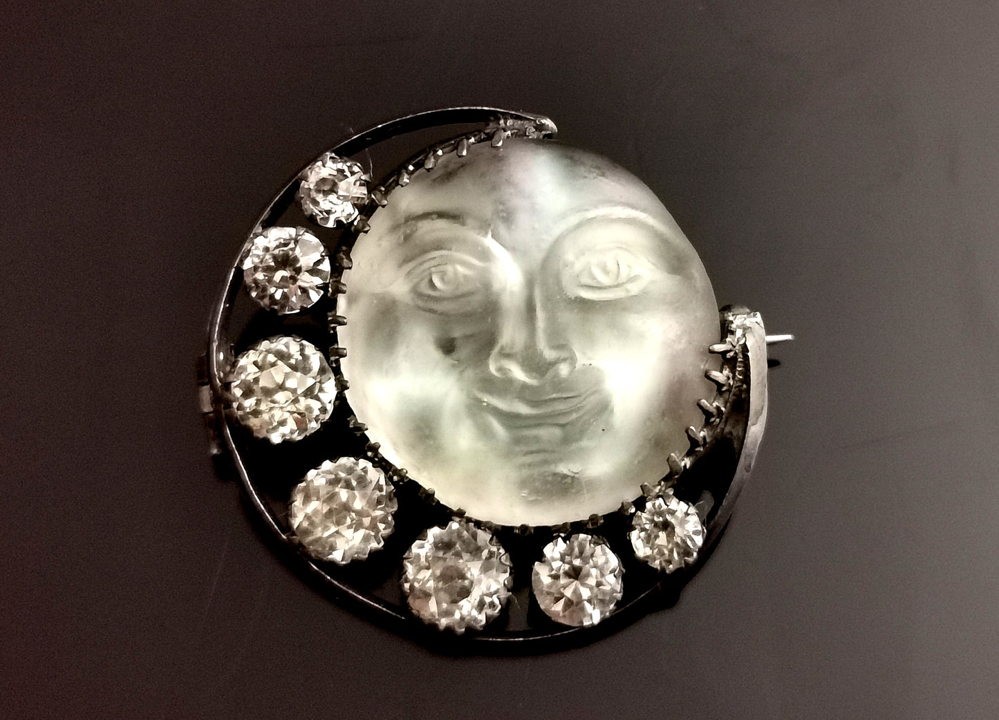 Antique Victorian Man in the Moon and paste crescent brooch