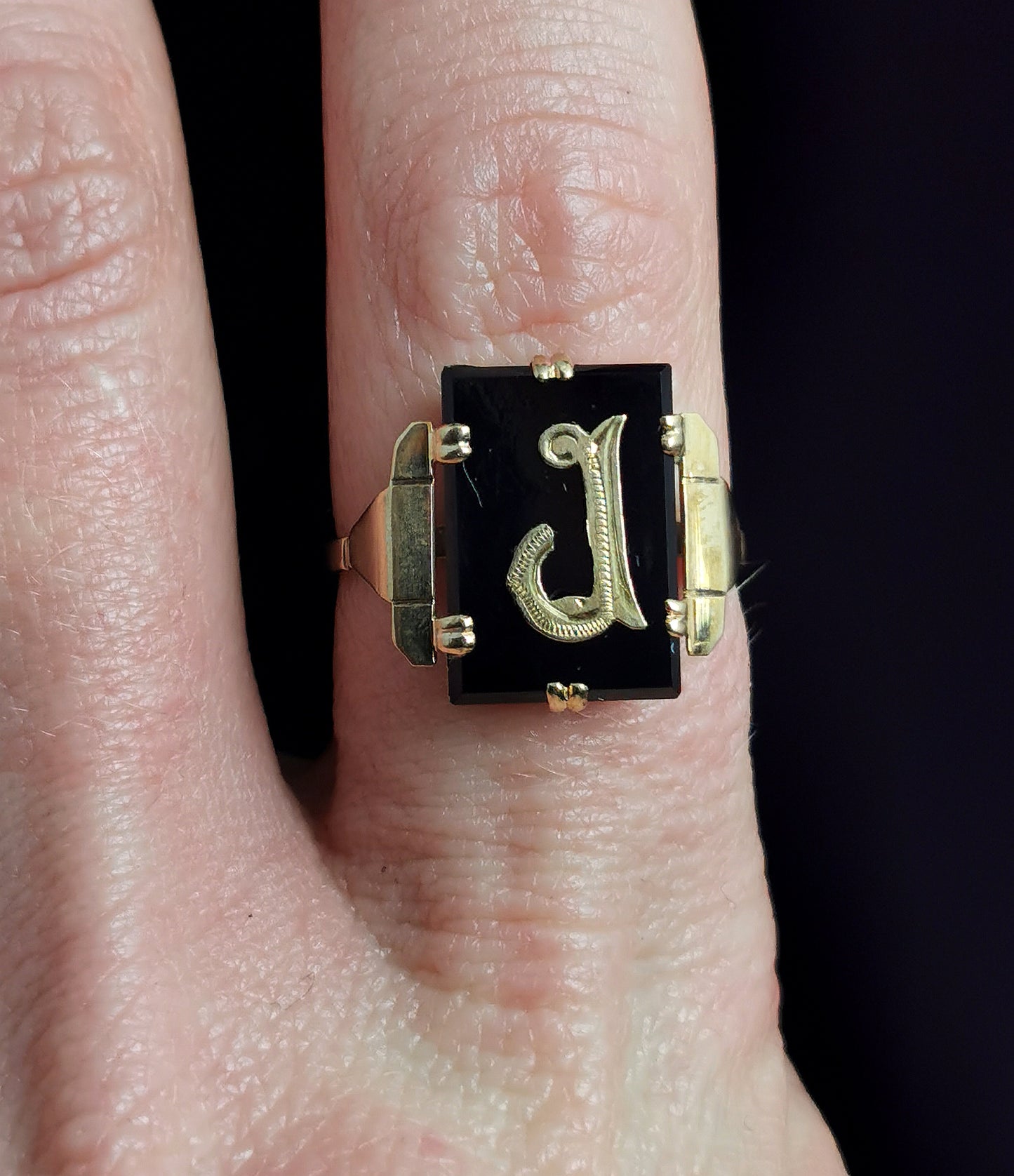 Antique Mourning ring, initial J, onyx and 9ct gold, Art Deco