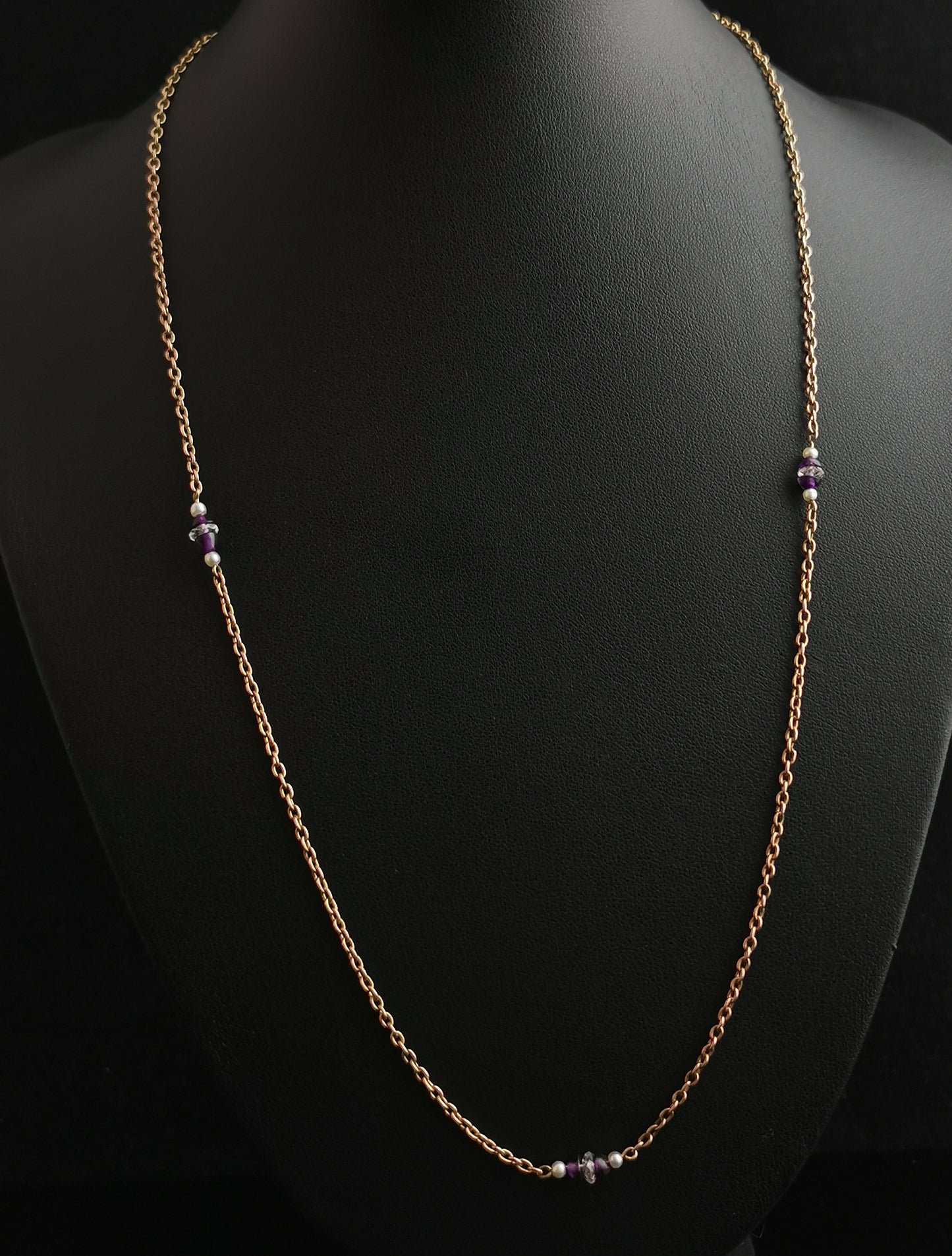 Vintage Art Deco 9ct gold chain necklace, Amethyst, Rock crystal and seed pearl