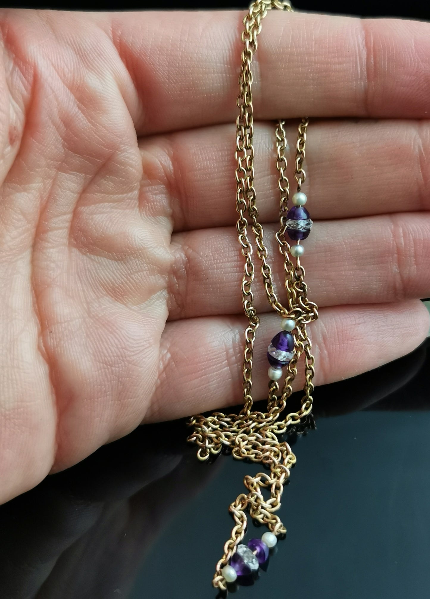 Vintage Art Deco 9ct gold chain necklace, Amethyst, Rock crystal and seed pearl