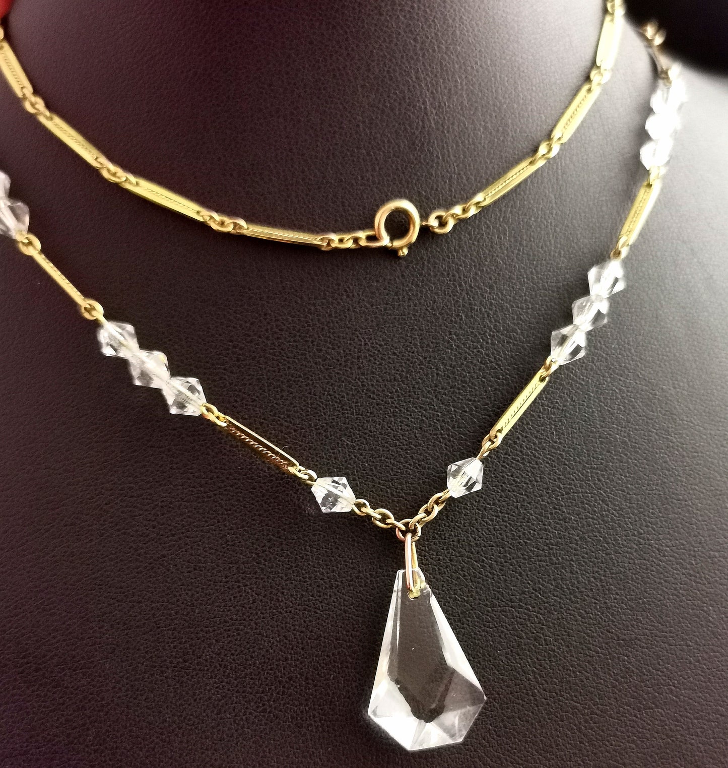 Vintage Art Deco 9ct gold Rock crystal pendant necklace, bar link