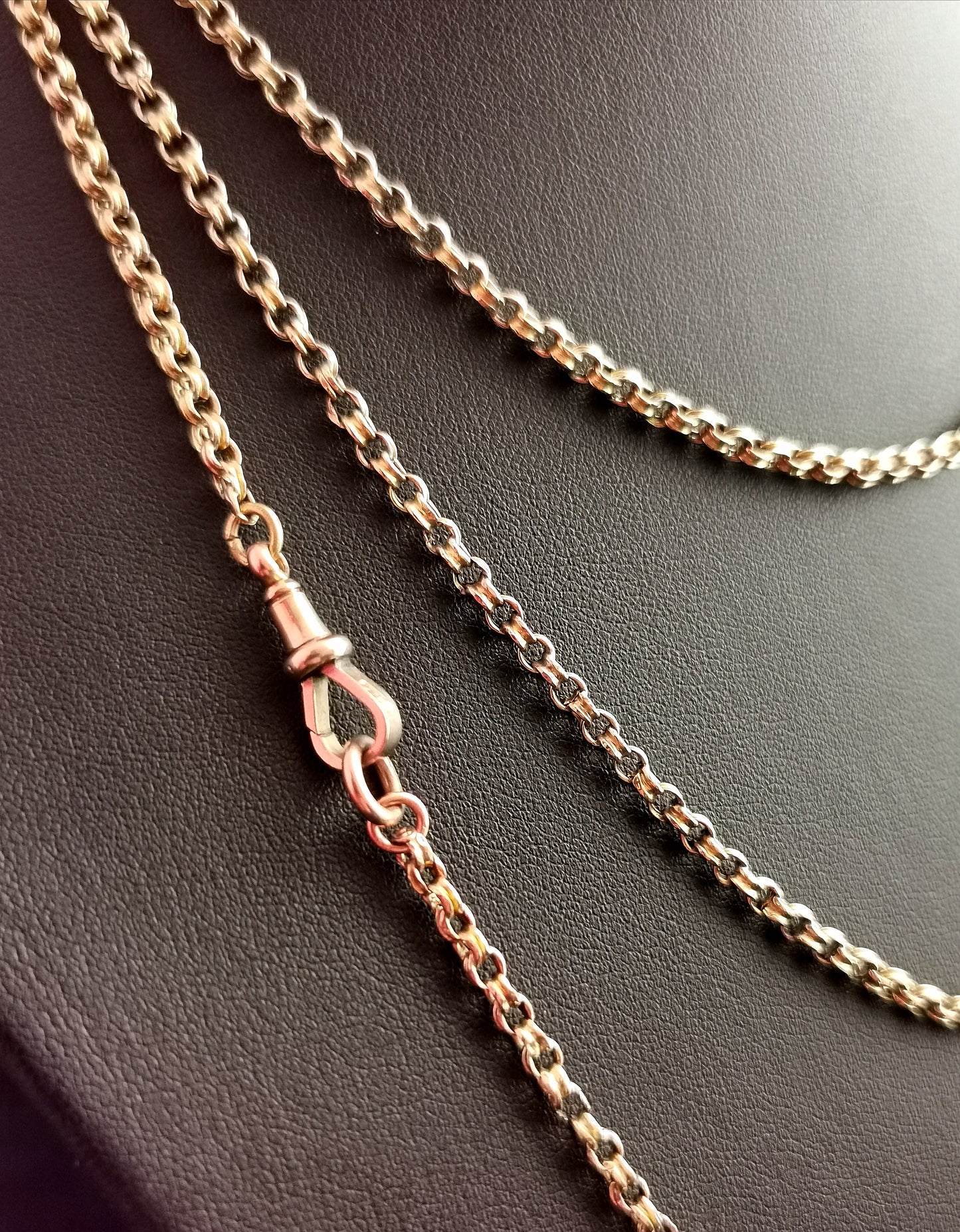 Antique 9ct gold longuard chain necklace, muff chain, rolo link