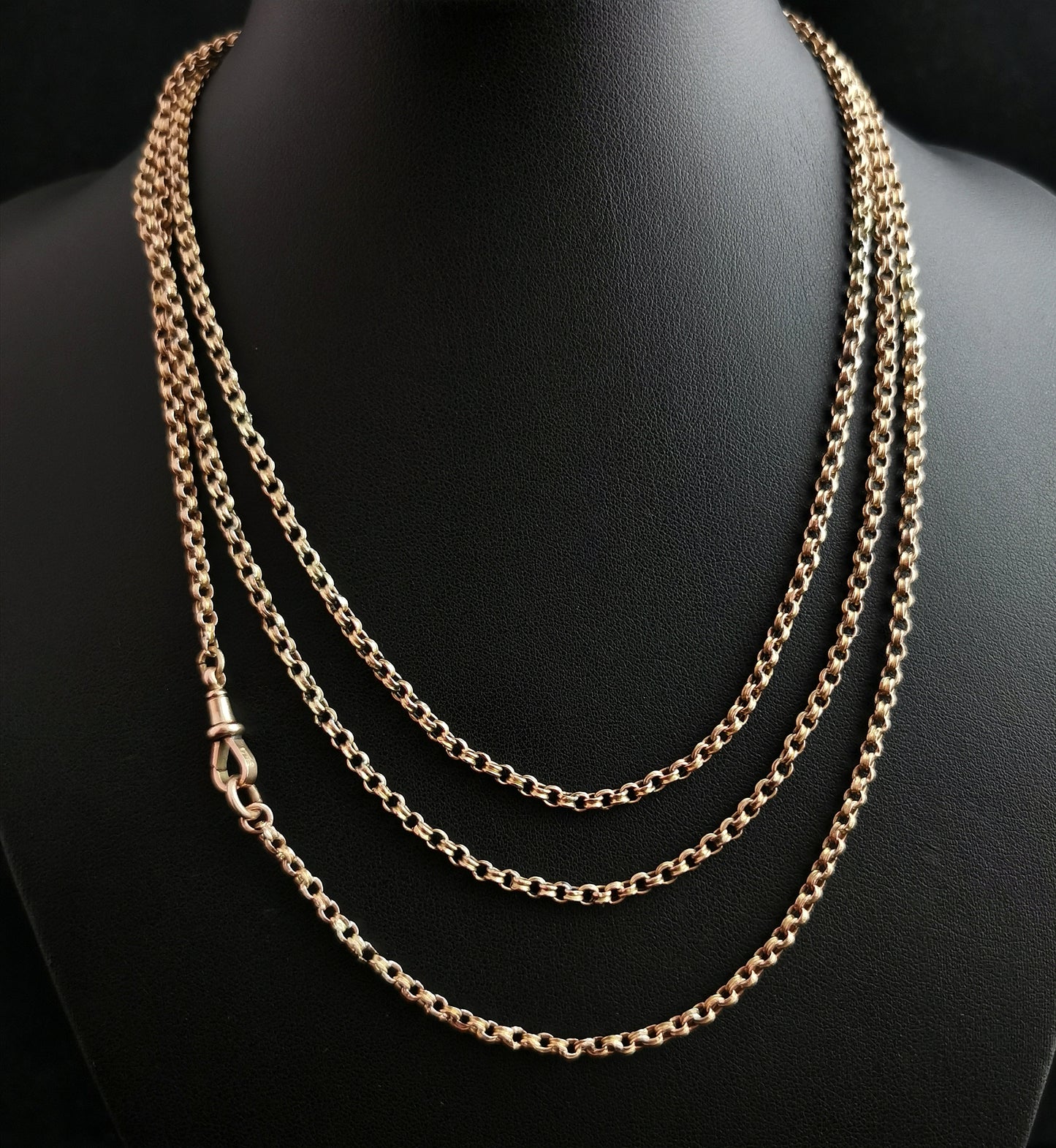 Antique 9ct gold longuard chain necklace, muff chain, rolo link