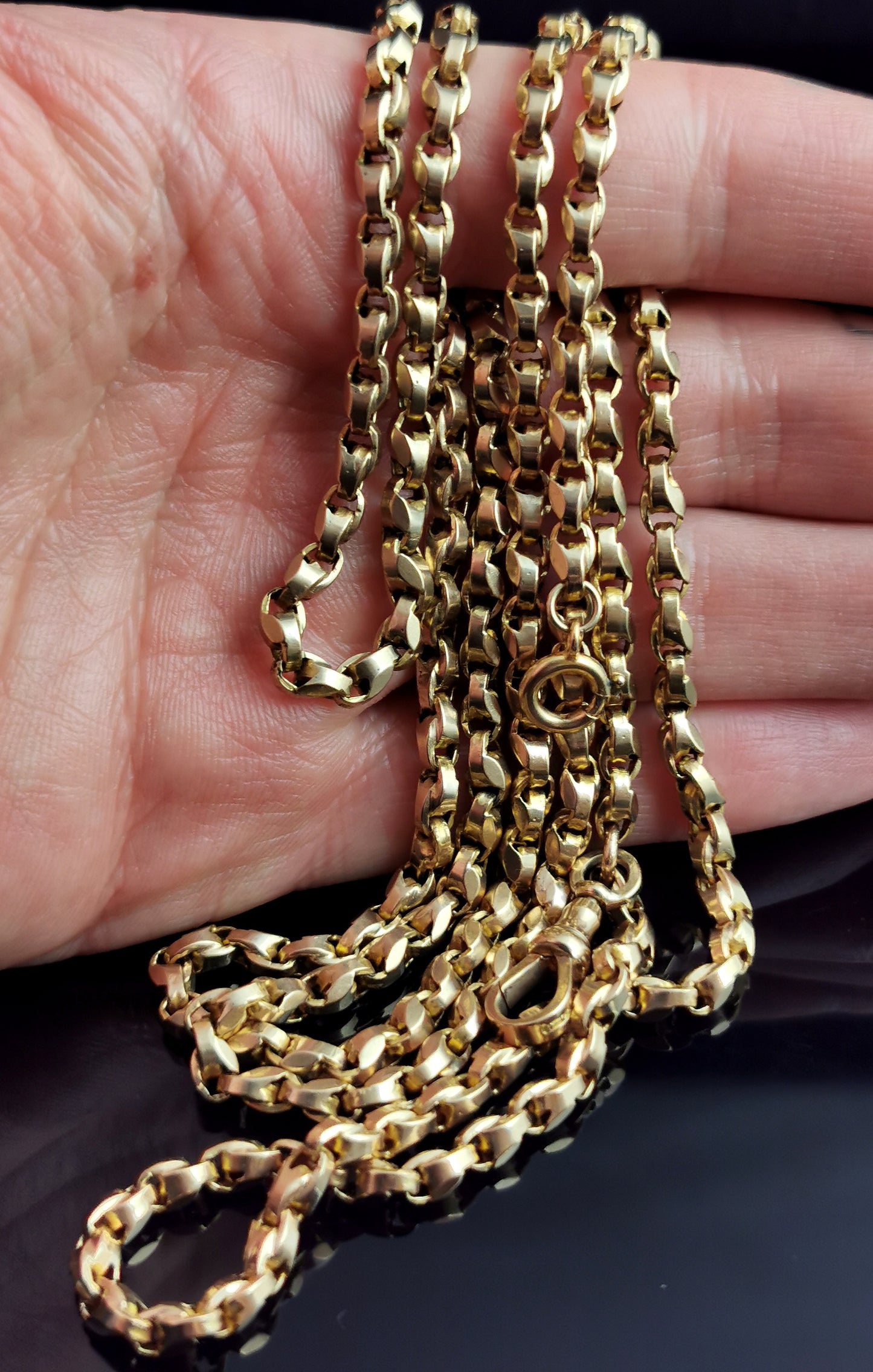 Antique 9ct gold longuard chain necklace, muff chain, fancy link