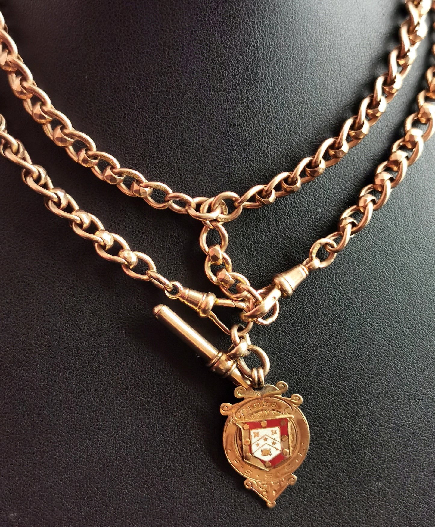 Antique 9ct Rose gold double Albert chain, watch chain necklace, fancy link