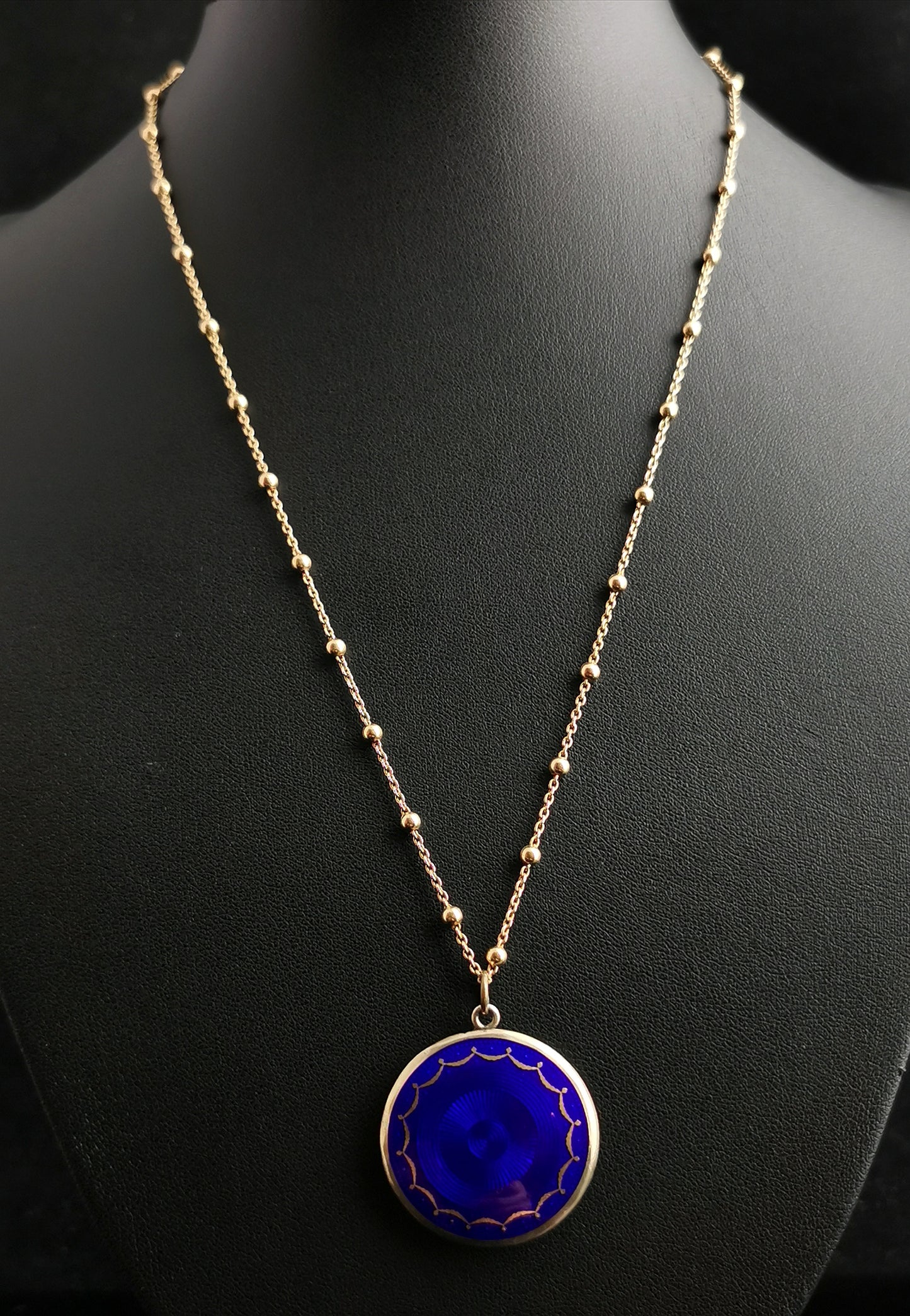 Antique Art Deco Guilloche enamel pendant, cobalt blue, Fancy link necklace