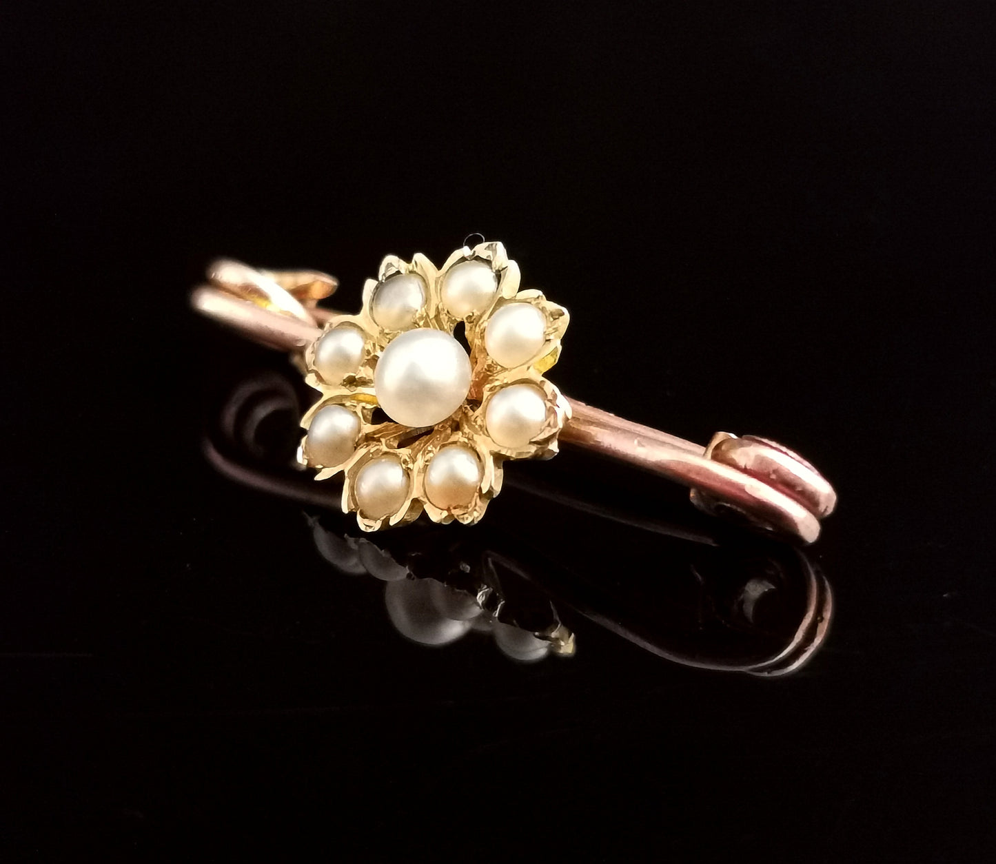 Antique 9ct gold pearl flower brooch, lapel pin, Art Nouveau