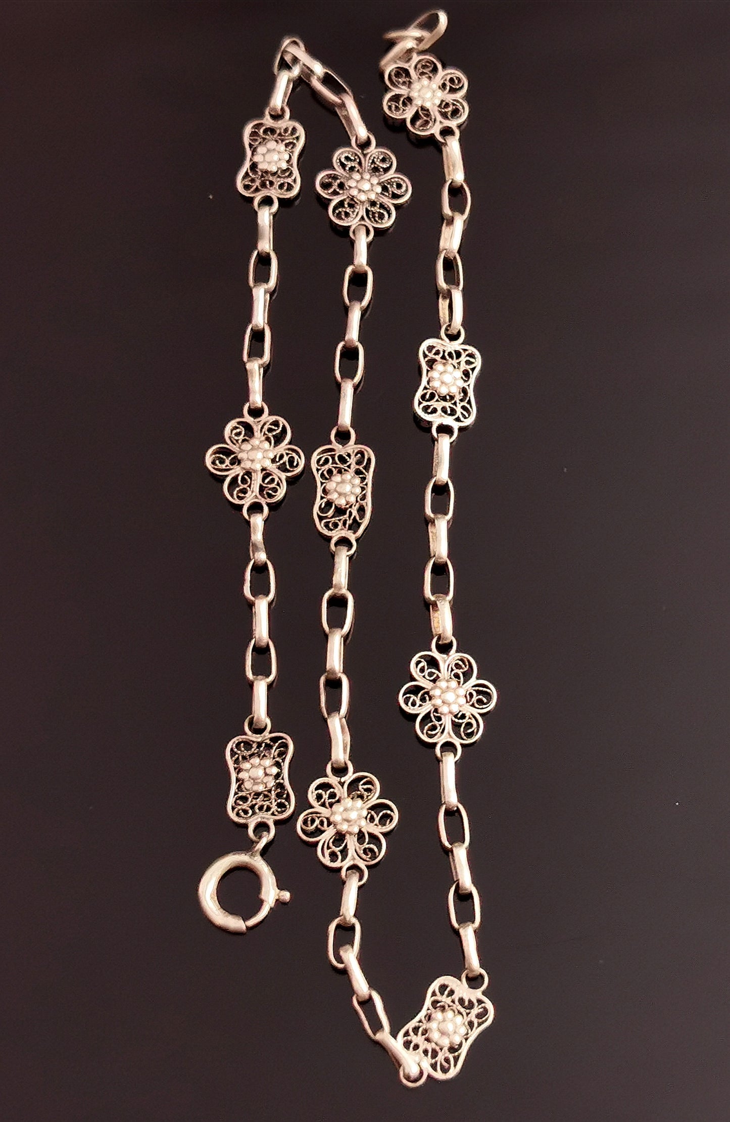 Vintage Art Deco silver Filigree floral and belcher link chain necklace