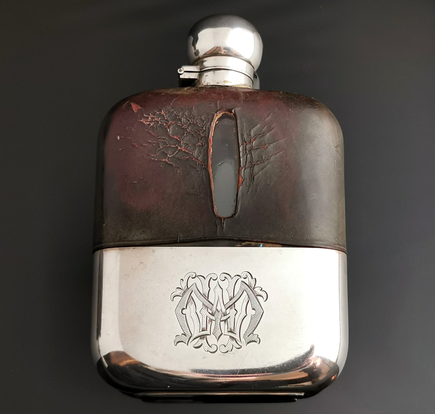 Antique Sterling silver, Glass and leather hip flask, James Dixon, Edwardian