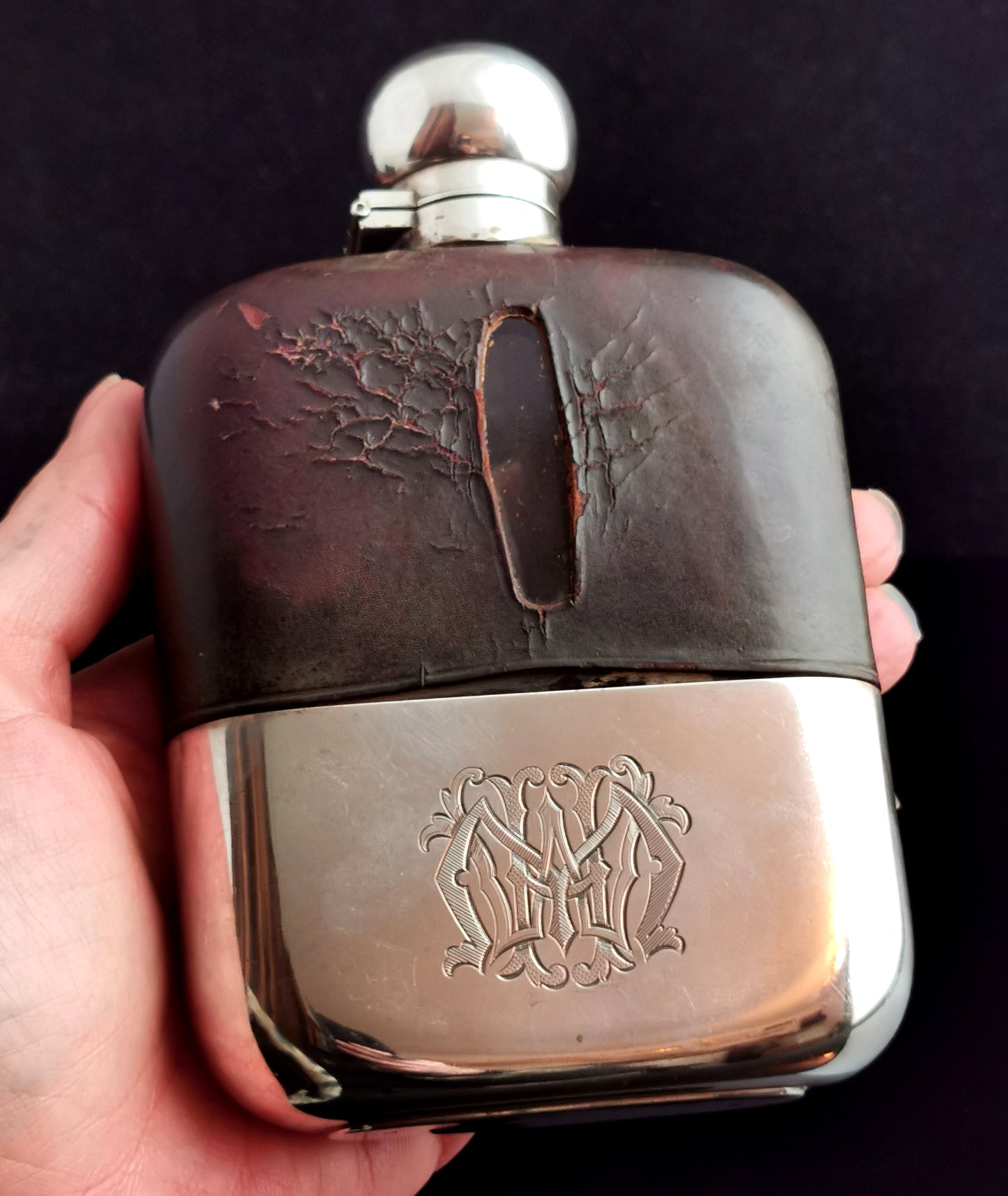 Antique Sterling silver, Glass and leather hip flask, James Dixon, Edwardian