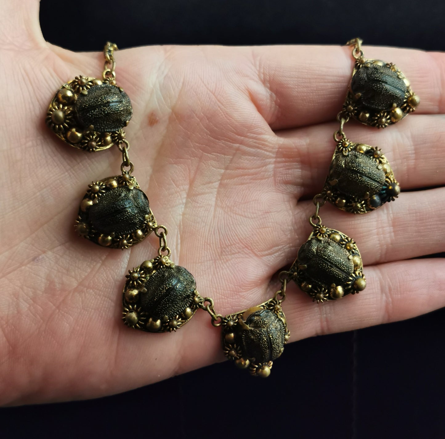 Vintage real scarab beetle necklace, gilt, c1940s