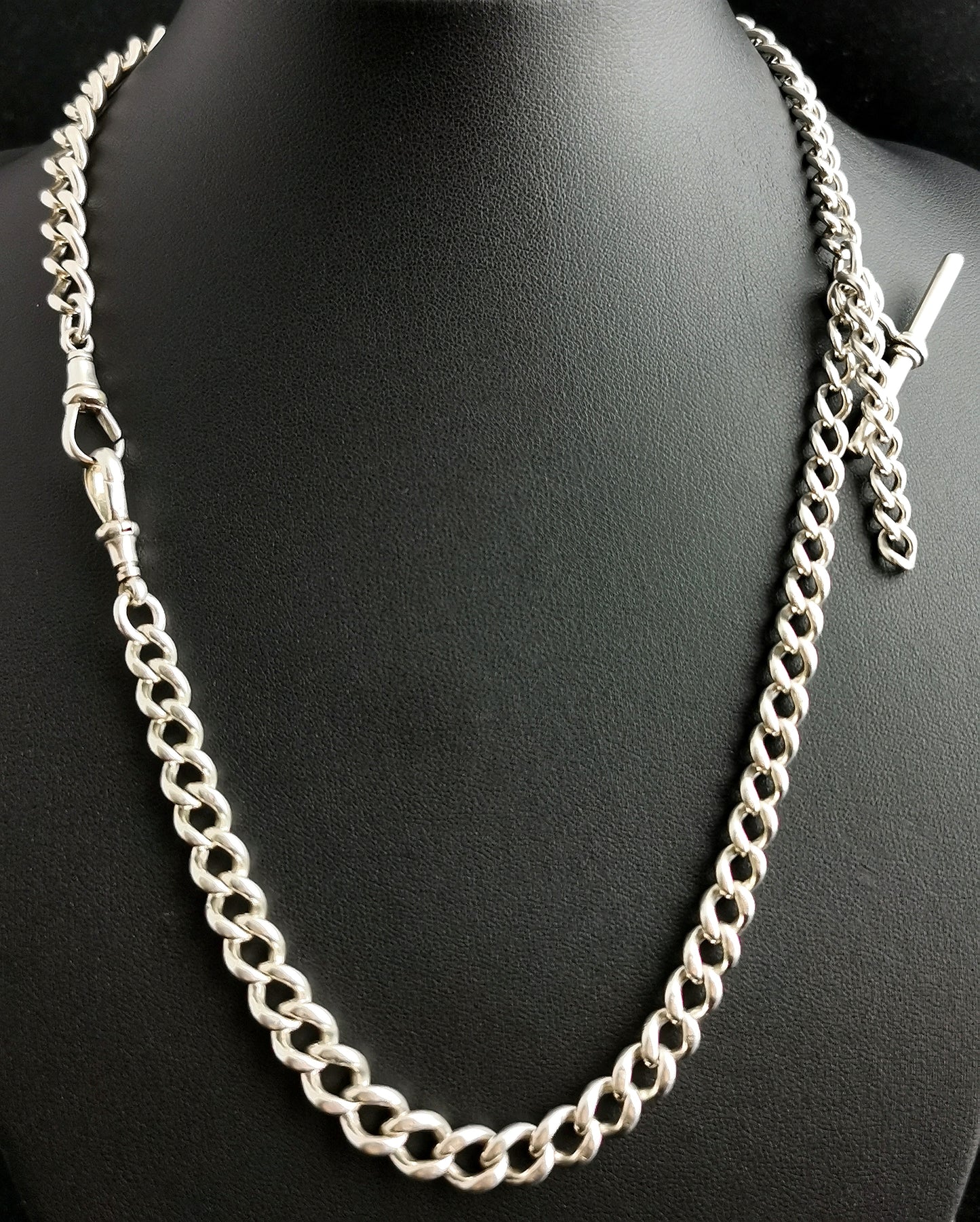 Antique silver Double Albert chain, watch chain necklace, heavy