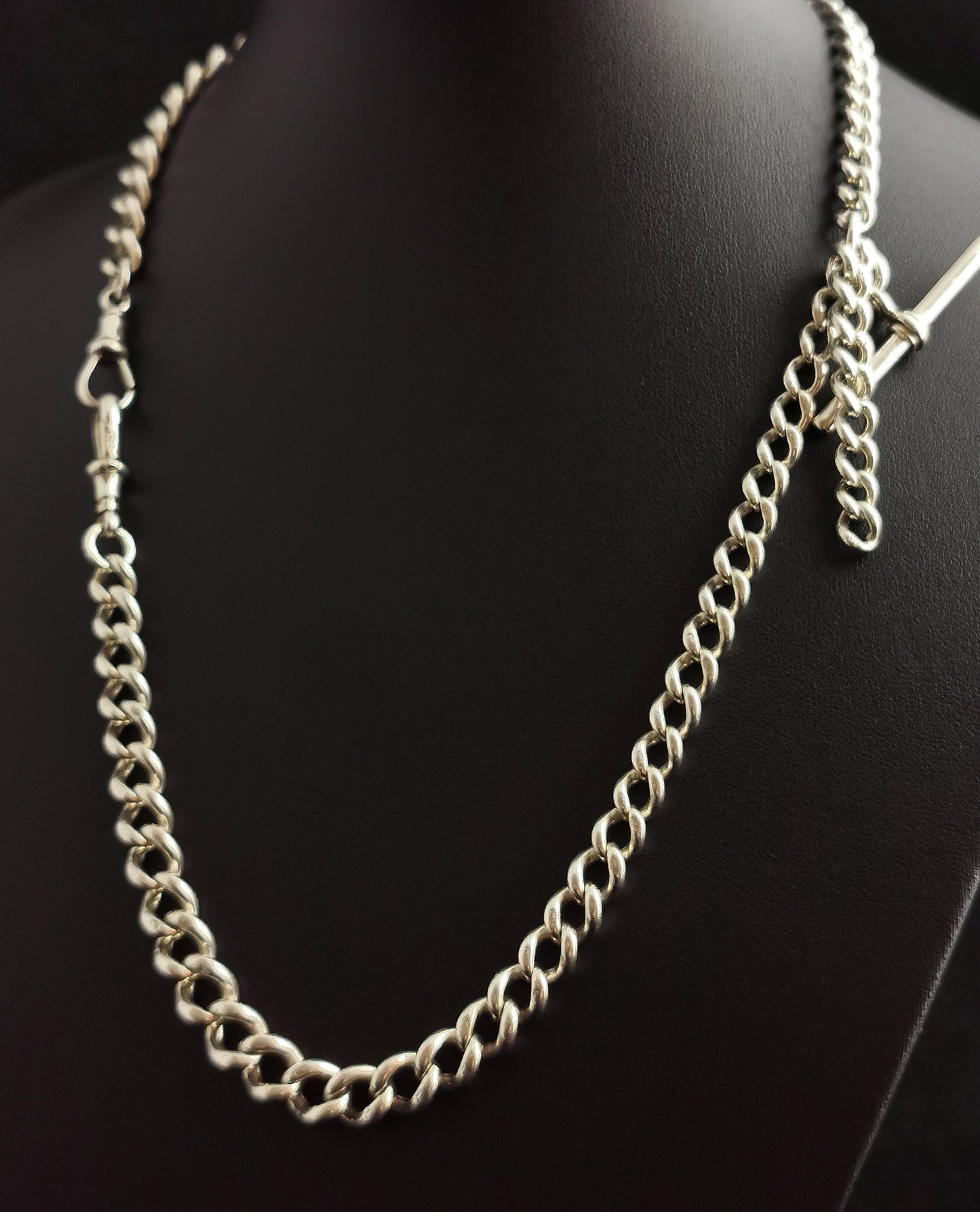 Antique silver Double Albert chain, watch chain necklace, heavy