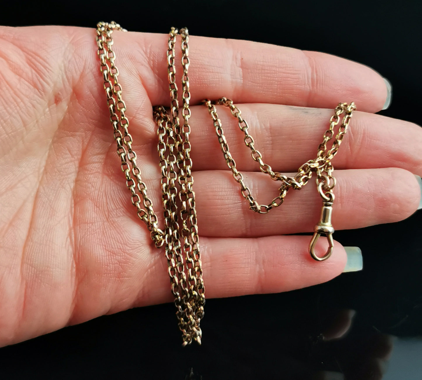 Antique Victorian 9ct gold longuard chain necklace, muff chain, belcher link